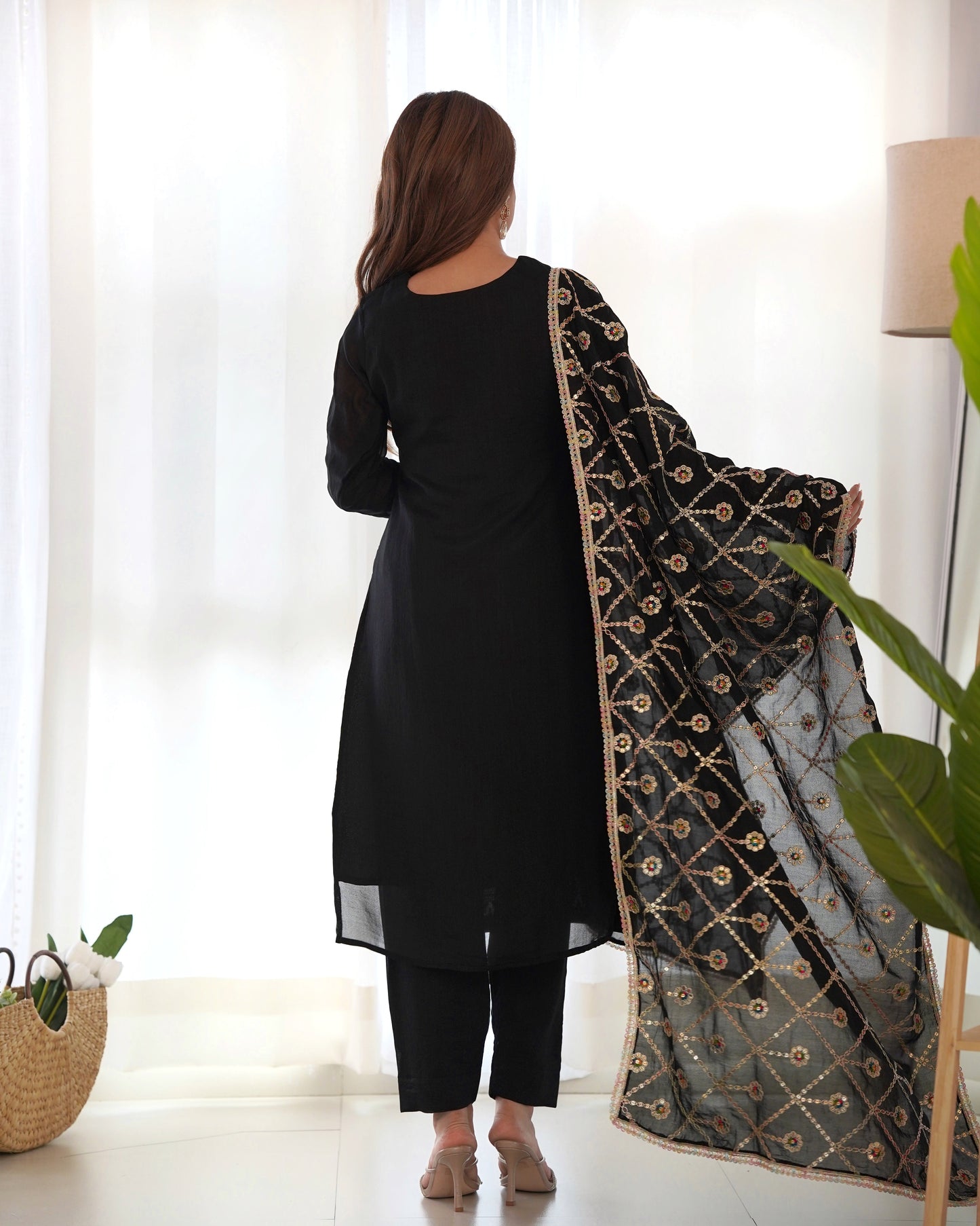 Lorenvalley Black Vichitra Silk Embroidery Sequence and Dori Thread Work Kurta Trousers with Dupatta Set | Swadesiicart