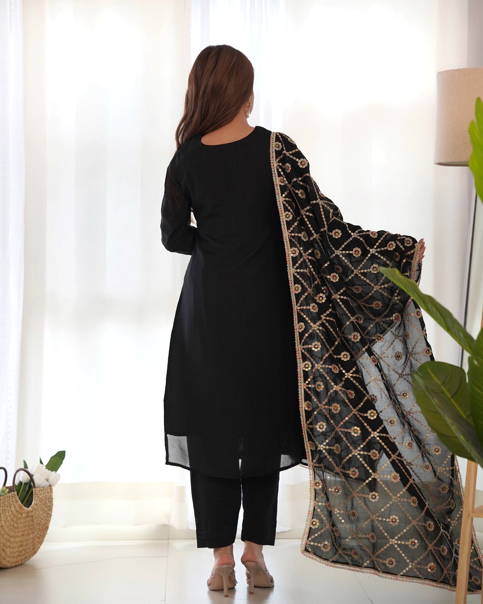 Lorenvalley Black Vichitra Silk Embroidery Sequence and Dori Thread Work Kurta Trousers with Dupatta Set | Swadesiicart