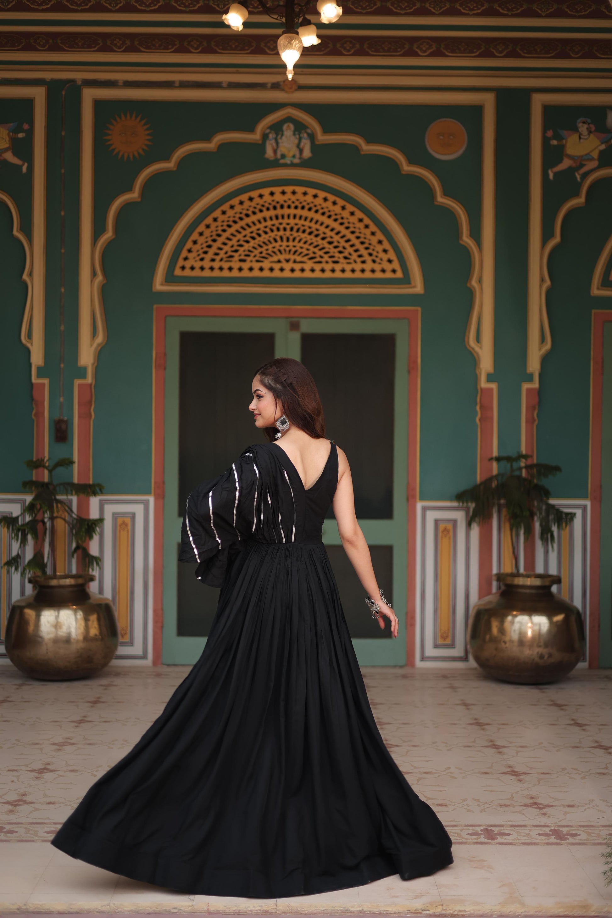 Lorenvalley Black Rayon Fabric with Designer Lace Gown | Swadesiicart