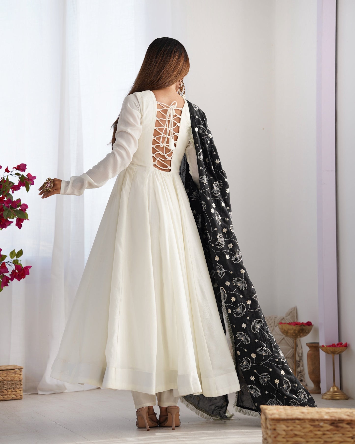 Lorenvalley Fashion White Vichitra Silk Fabric Fully Flared Anarkali Pant With Dupatta Set - Swadesiicart