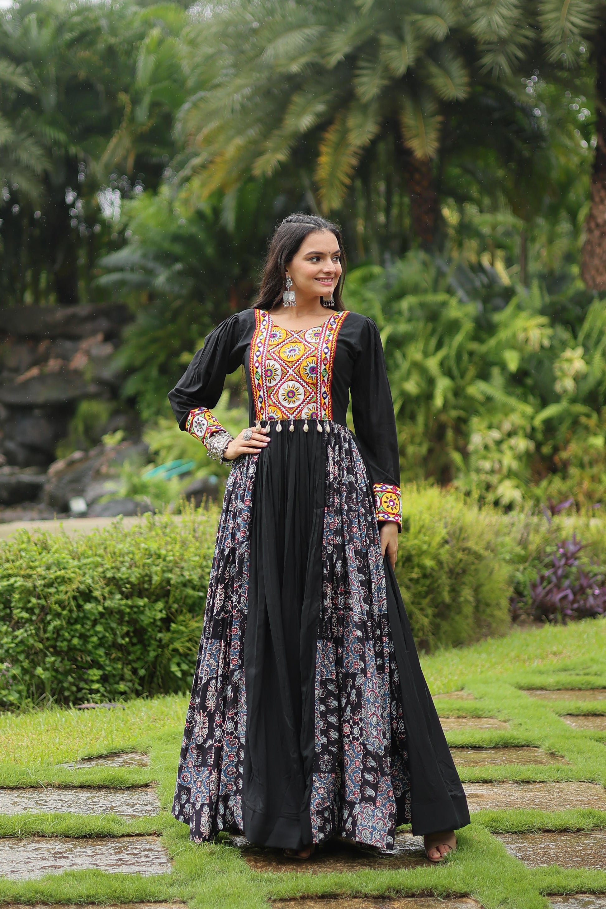 Lorenvalley Black Rayon Contrast of Printed with Kutchi Gamthi work Gown | Swadesiicart