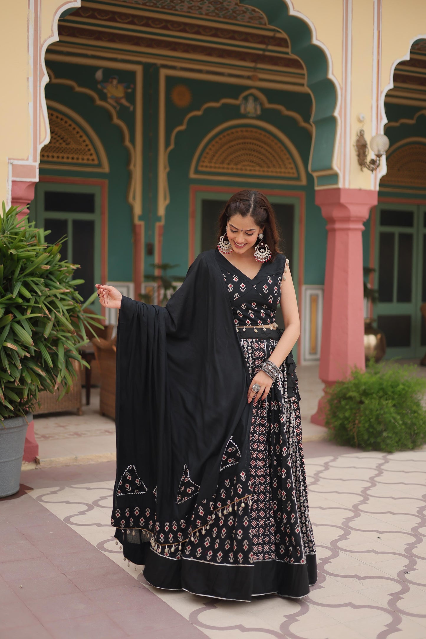 Lorenvalley Black Rayon Gota Patti Lace Printed Kali Pattern Lehenga Choli with Dupatta | Swadesiicart