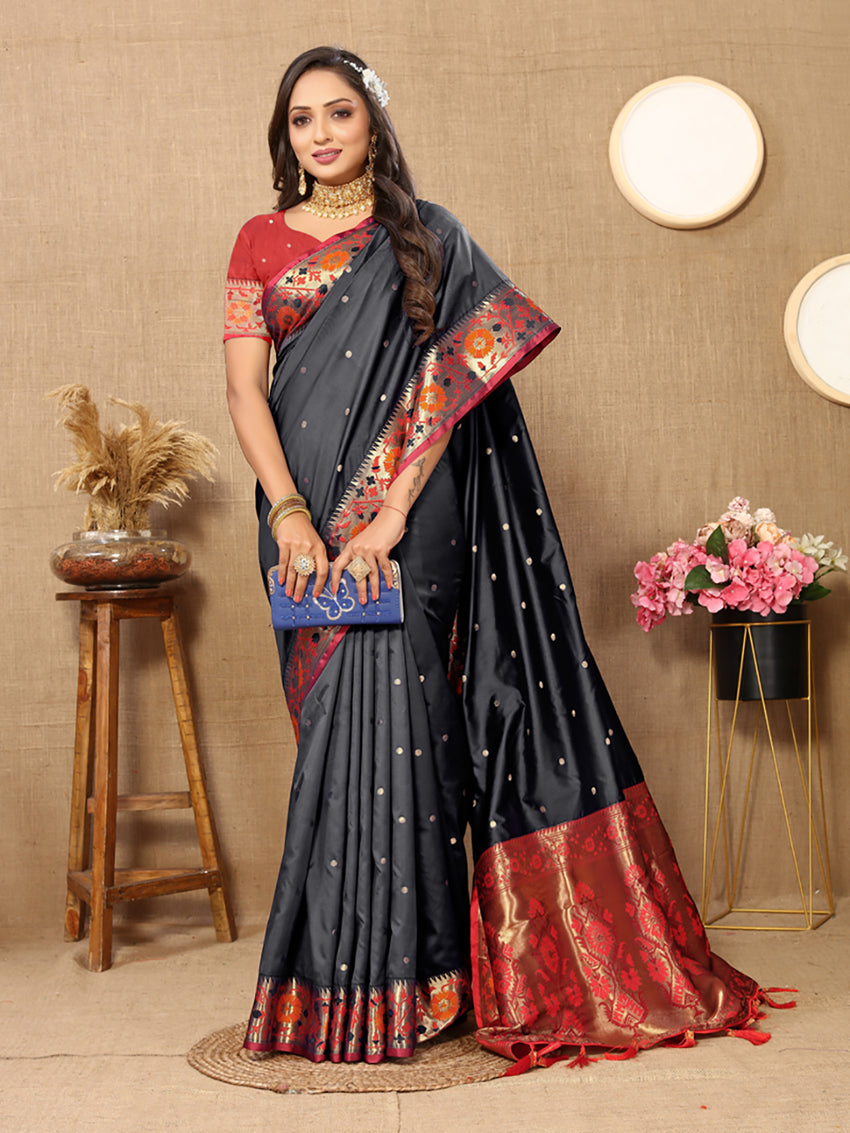 Lorenvalley Fashion Black Soft Paithani Silk Woven Design Rich Meenakari Zari Weaving Pallu Saree - Swadesiicart