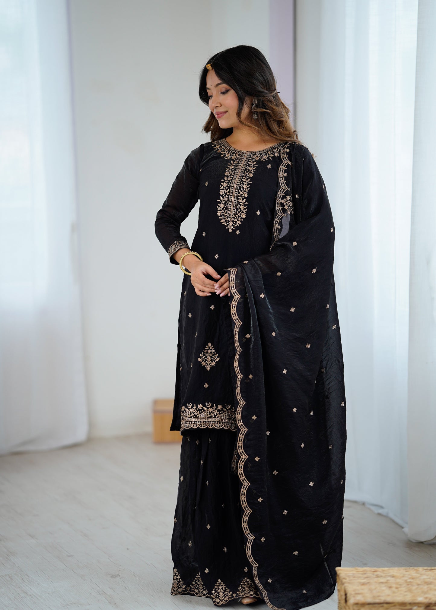 Lorenvalley Black Soft Crunchy Silk with Embroidery Sequence and Jari Work Kurta Palazzo with Dupatta | Swadesiicart