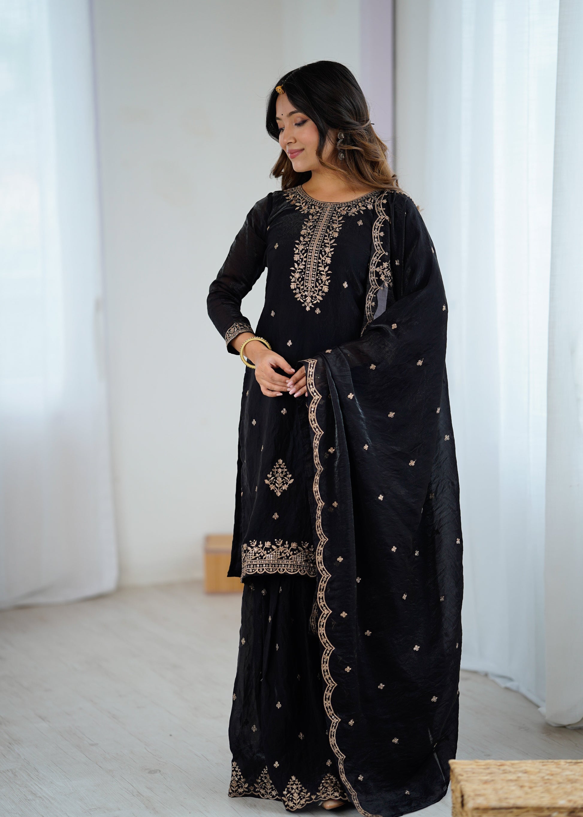 Lorenvalley Black Soft Crunchy Silk with Embroidery Sequence and Jari Work Kurta Palazzo with Dupatta | Swadesiicart