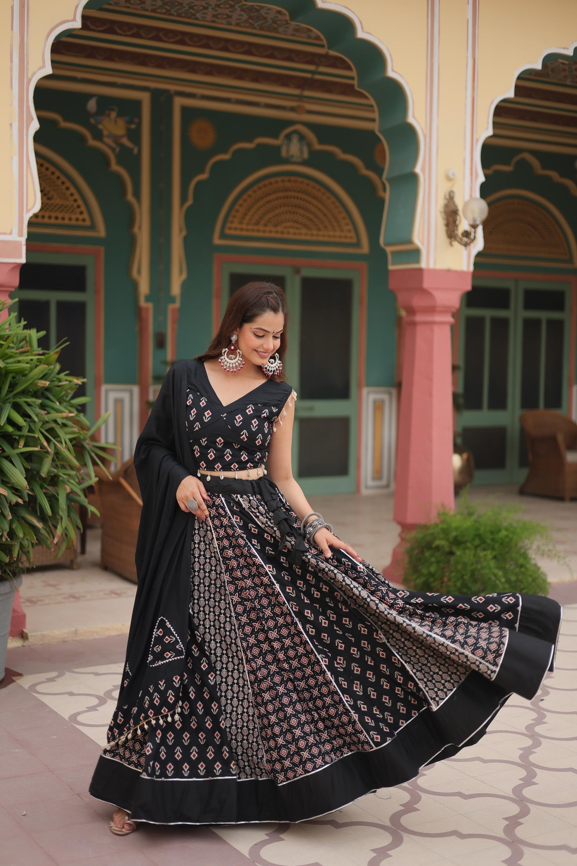 Lorenvalley Black Rayon Gota Patti Lace Printed Kali Pattern Lehenga Choli with Dupatta | Swadesiicart