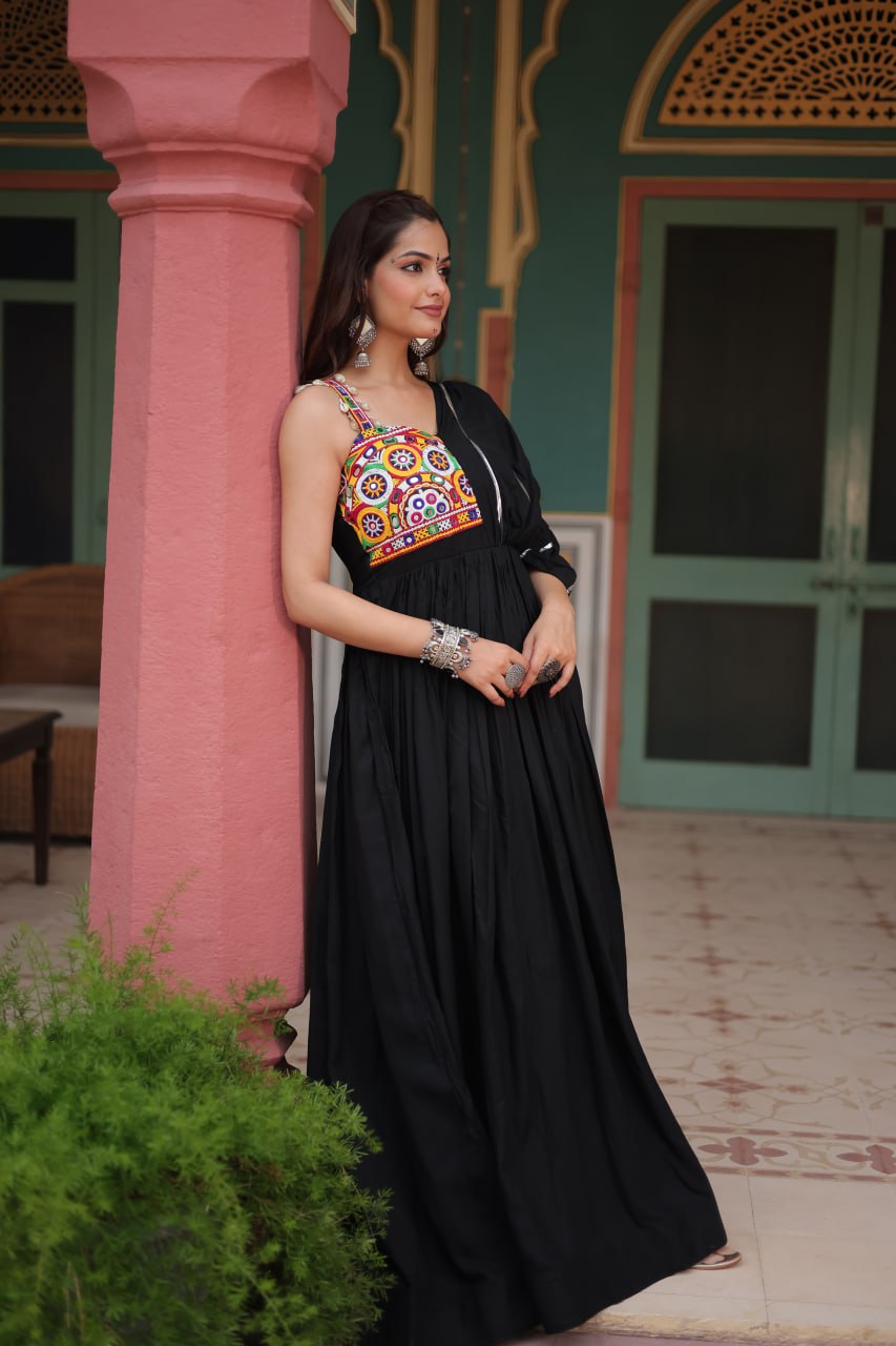 Lorenvalley Black Rayon Fabric with Designer Lace Gown | Swadesiicart