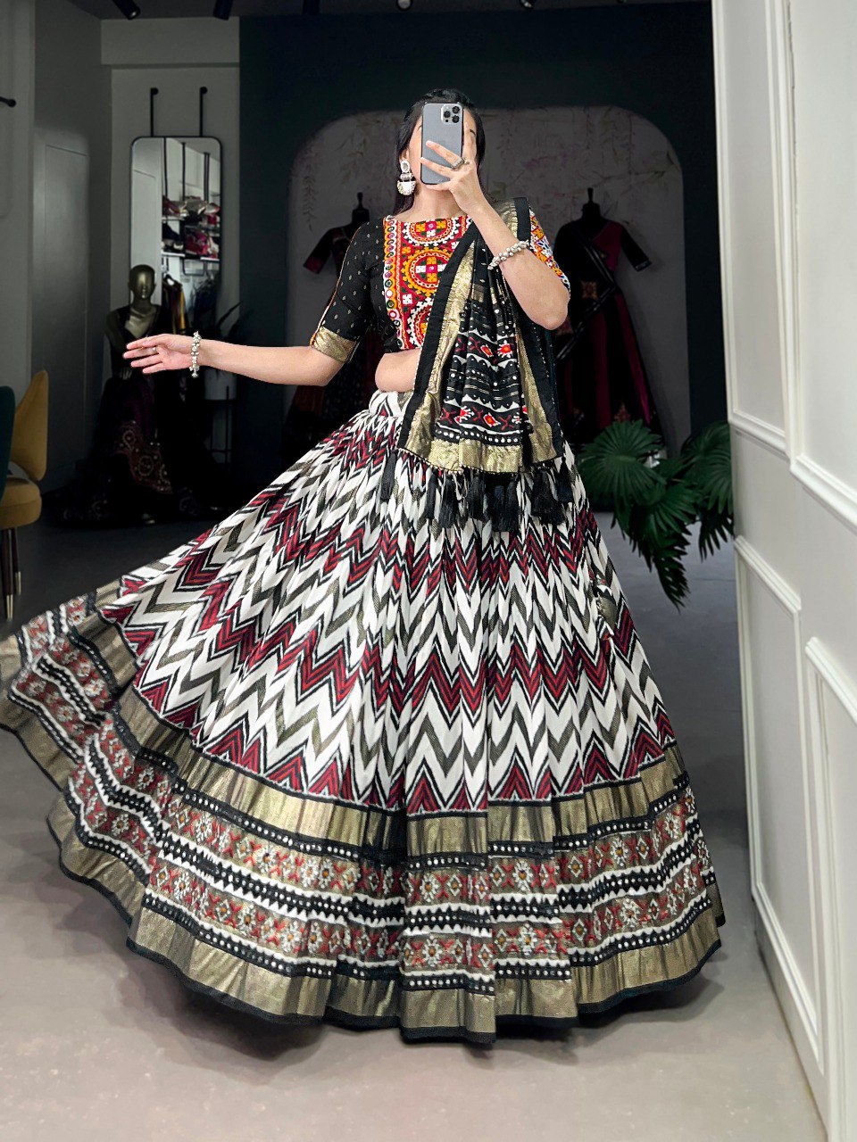 Lorenvalley Tussar Silk Black Leheriya Print with Foil Print and Paper Mirror Work Lace Lehenga Choli with Dupatta | Swadesiicart