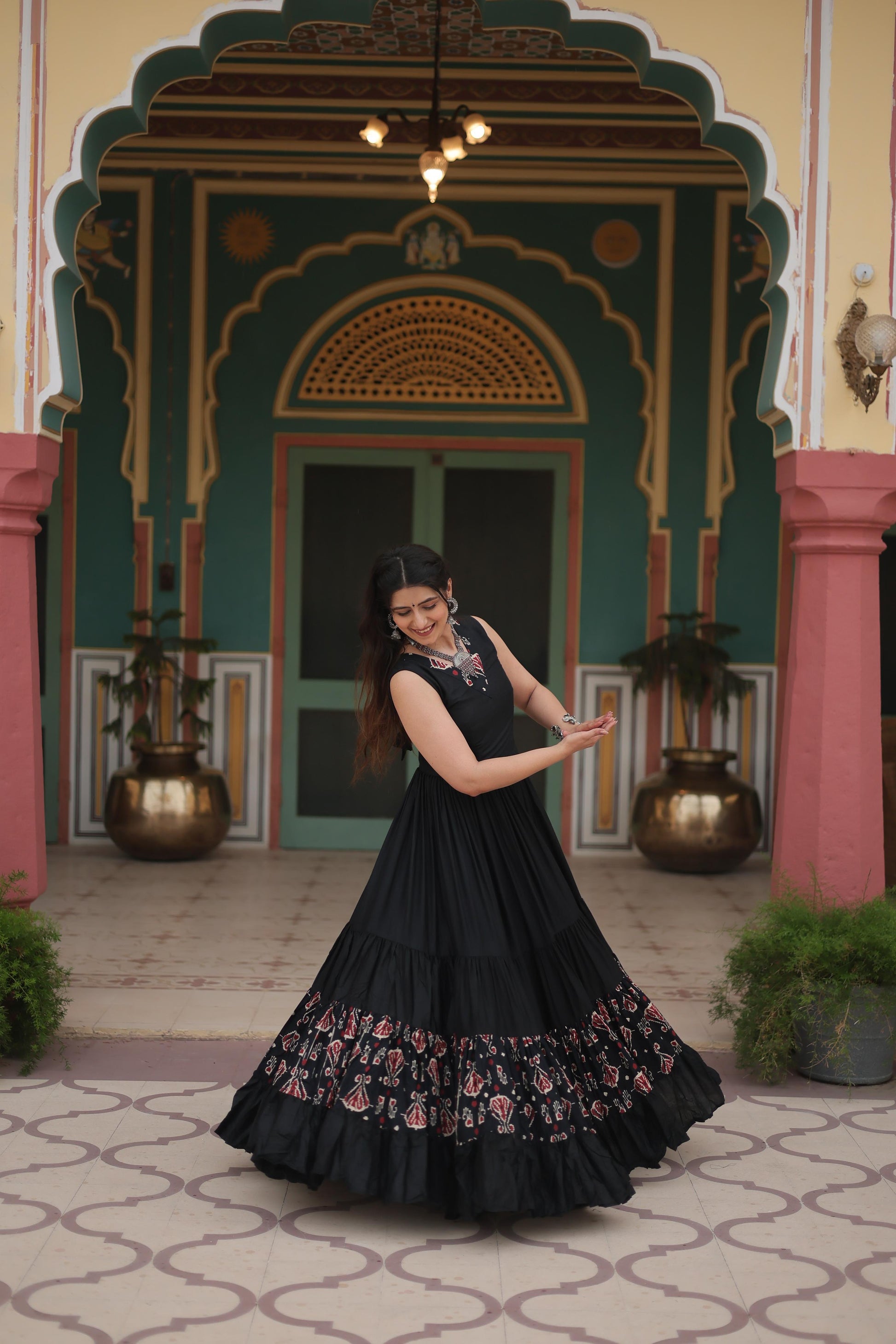 Lorenvalley Black Rayon Fabric with Printed Attached In Frill And Neck Gown | Swadesiicart