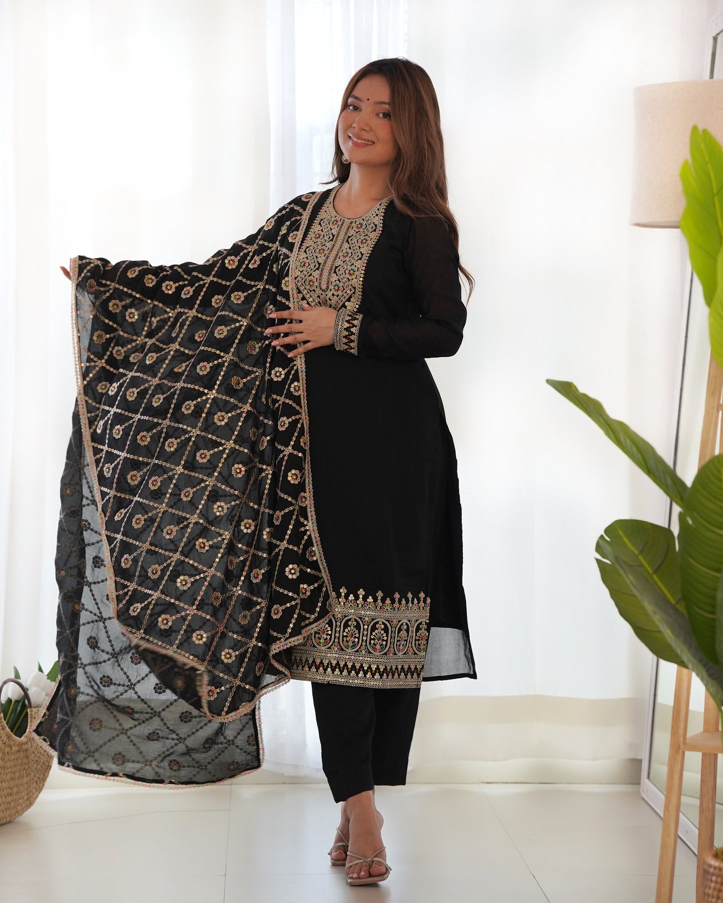 Lorenvalley Black Vichitra Silk Embroidery Sequence and Dori Thread Work Kurta Trousers with Dupatta Set | Swadesiicart