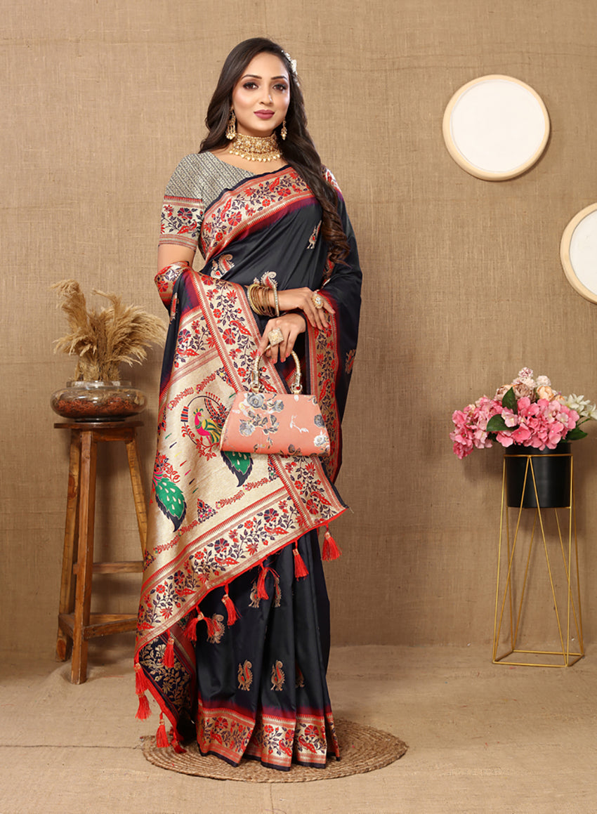 Lorenvalley Fashion Black Soft Paithani Silk Woven Design Rich Meenakari Zari Weaving Pallu Saree - Swadesiicart