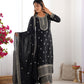 Lorenvalley Black Chinon Silk Embroidery Sequence and Jari Work Kurta Trousers with Dupatta Set | Swadesiicart