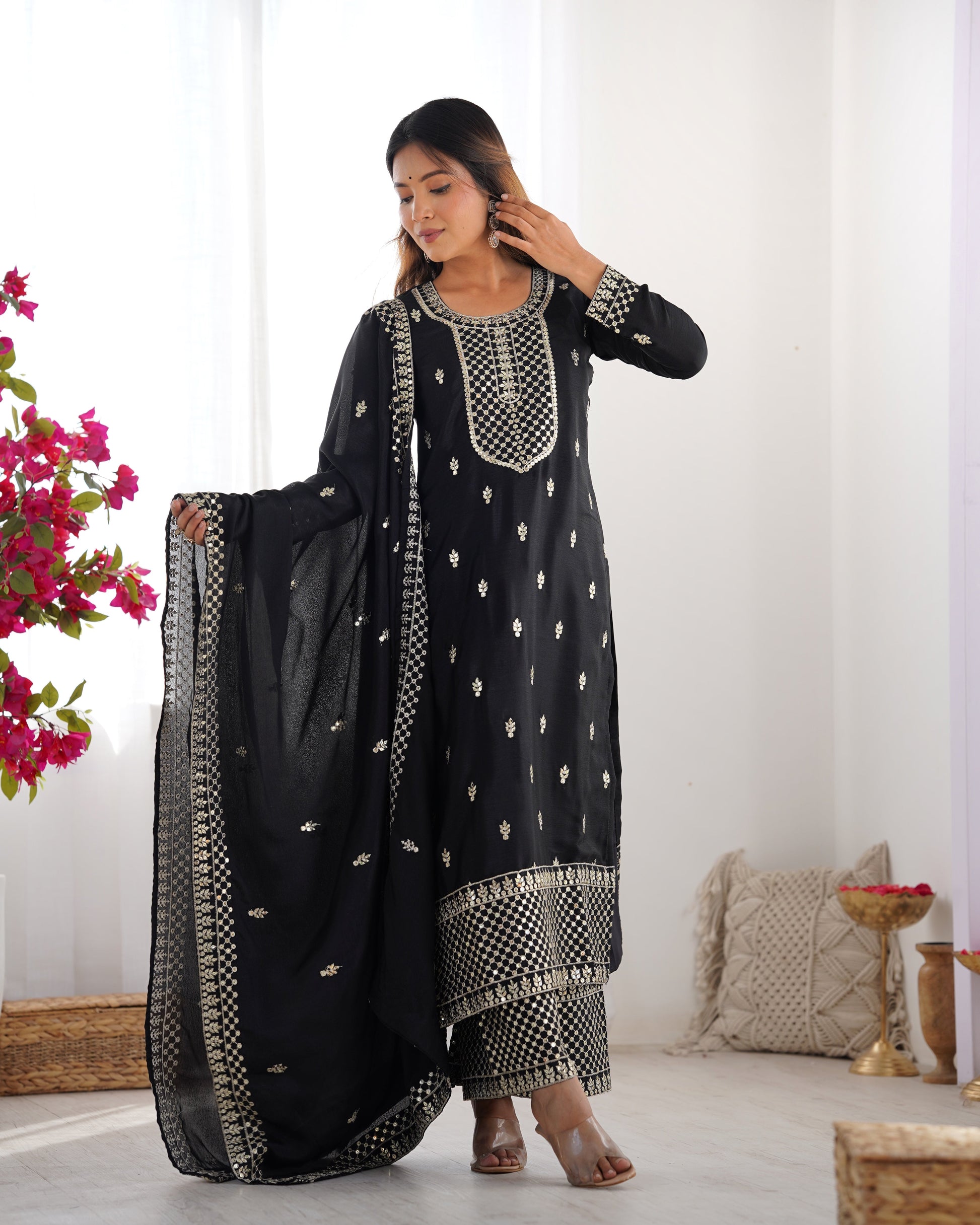 Lorenvalley Black Chinon Silk Embroidery Sequence and Jari Work Kurta Trousers with Dupatta Set | Swadesiicart