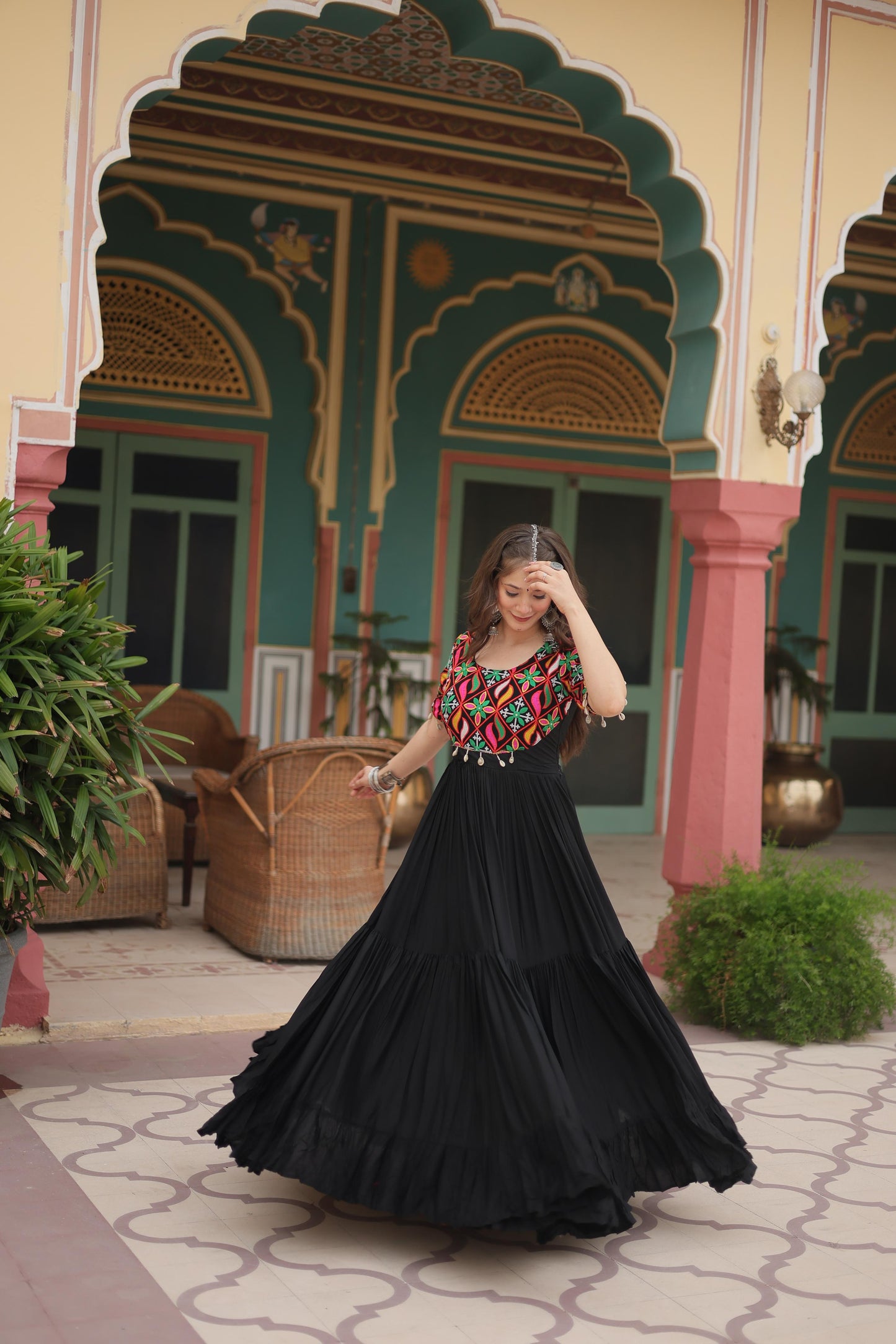 Lorenvalley Black Rayon Fabric with Kutchi Gamthi Kodi work Gown | Swadesiicart