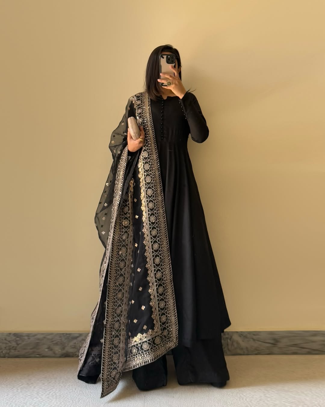 Lorenvalley Black Faux Georgette Yoke and Sleeve Potli Button Work Kurta Palazzo With Dupatta Set | Swadesiicart