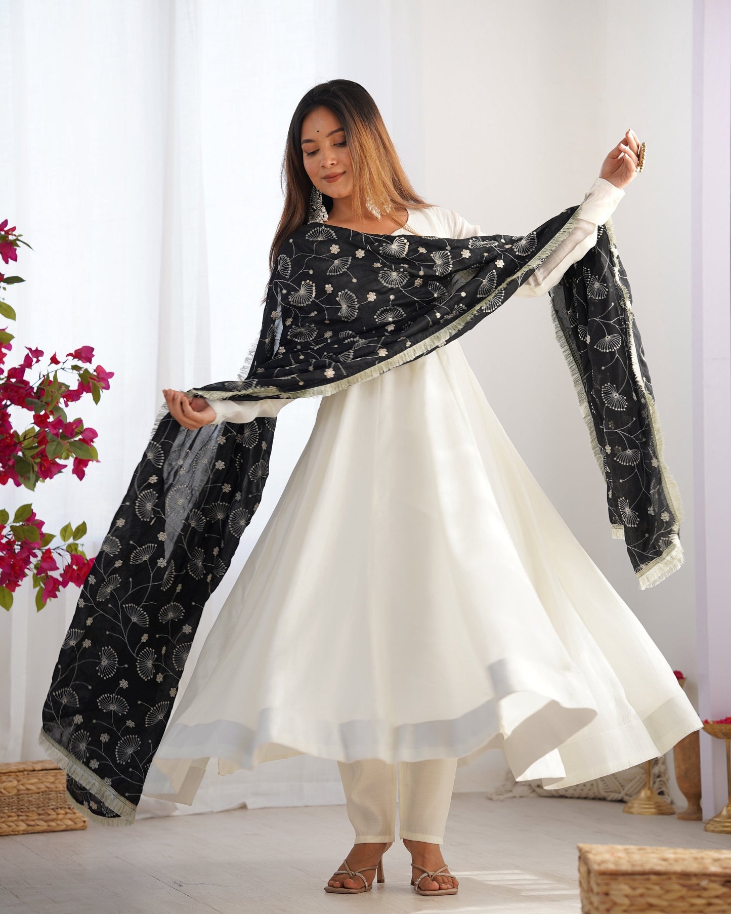 Lorenvalley Fashion White Vichitra Silk Fabric Fully Flared Anarkali Pant With Dupatta Set - Swadesiicart