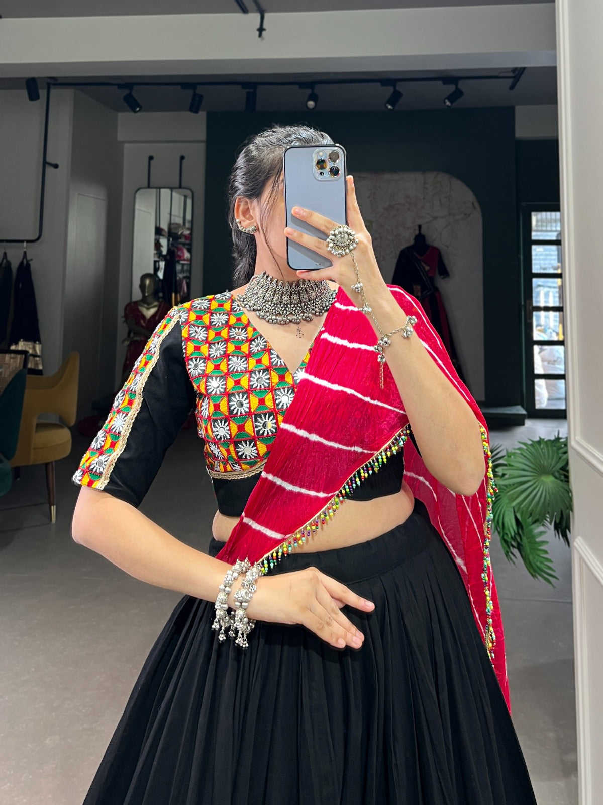 Lorenvalley Black Pure Rayon with Plain And Printed With Original Mirror Gamthi Work And Lace Touch Up Lehenga Choli | Swadesiicart