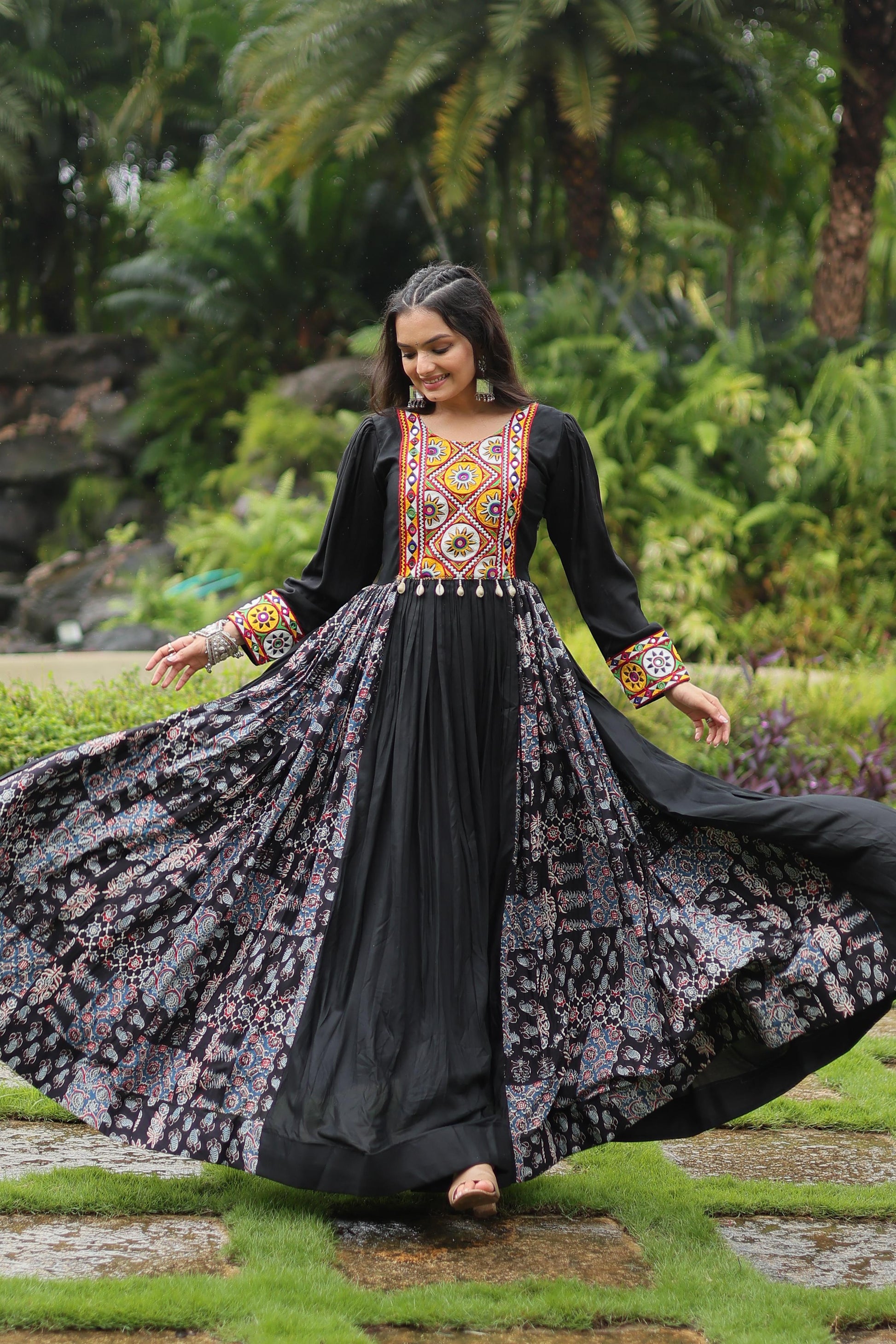 Lorenvalley Black Rayon Contrast of Printed with Kutchi Gamthi work Gown | Swadesiicart