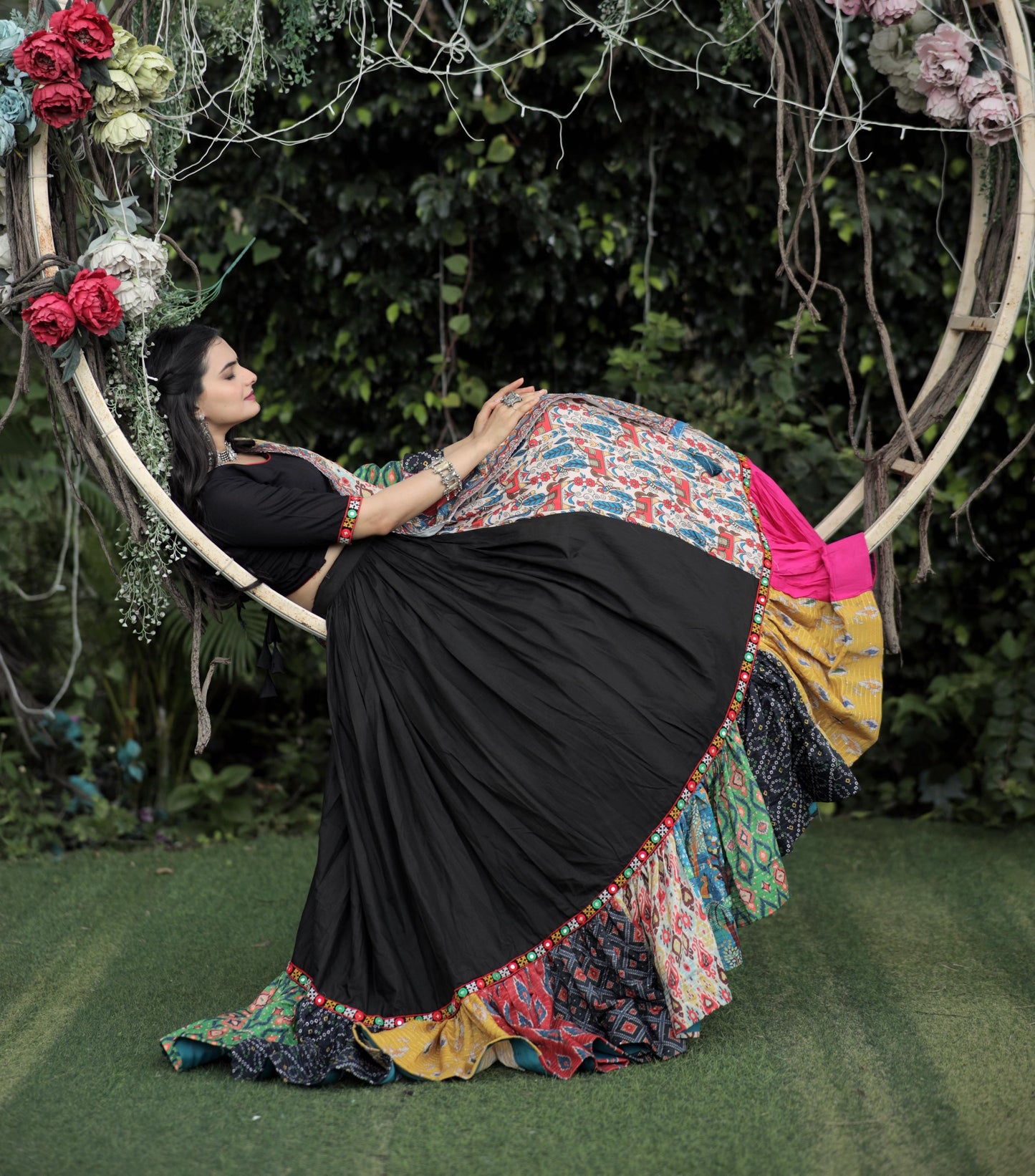 Lorenvalley Black Premium Rayon Lehenga with Choli with Digital Printed with Gotta Patti Lace Border Dupatta Set | Swadesiicart