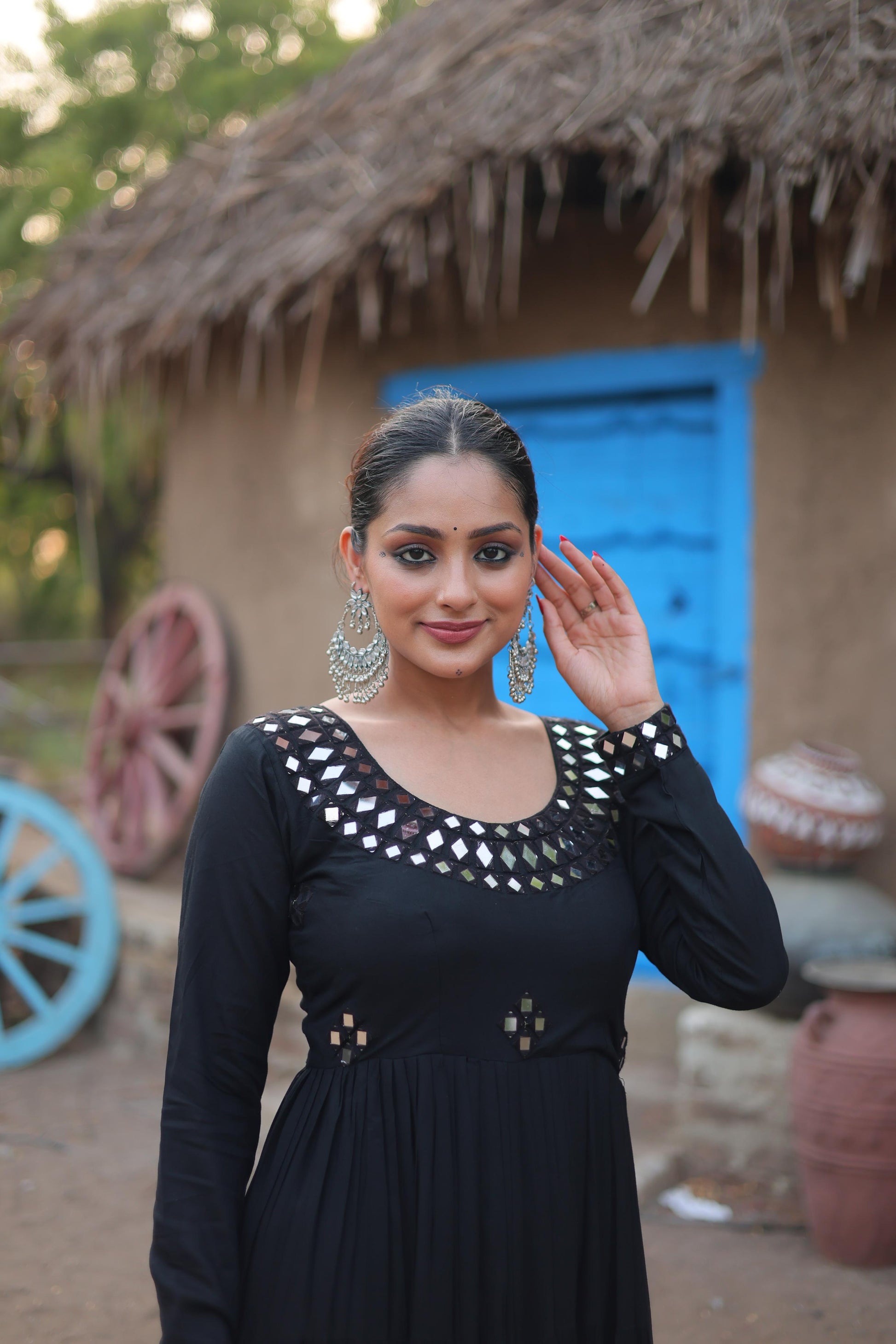 Lorenvalley Black Rayon Fabric With Real Mirror Work Gown | Swadesiicart