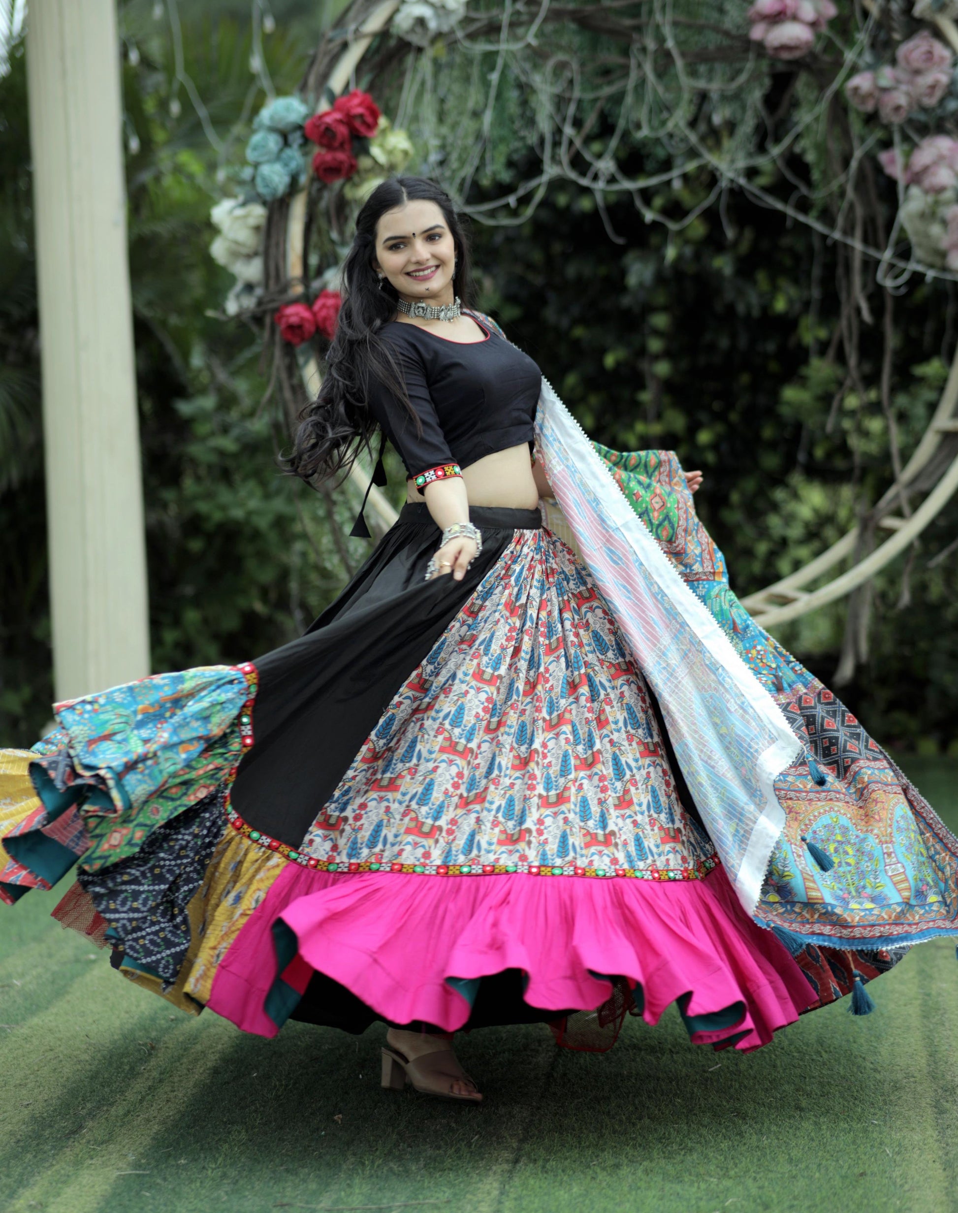 Lorenvalley Black Premium Rayon Lehenga with Choli with Digital Printed with Gotta Patti Lace Border Dupatta Set | Swadesiicart