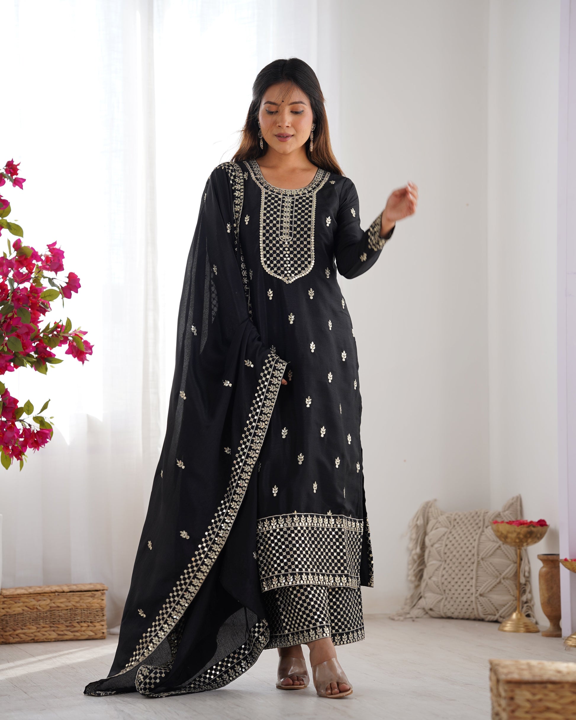 Lorenvalley Black Chinon Silk Embroidery Sequence and Jari Work Kurta Trousers with Dupatta Set | Swadesiicart