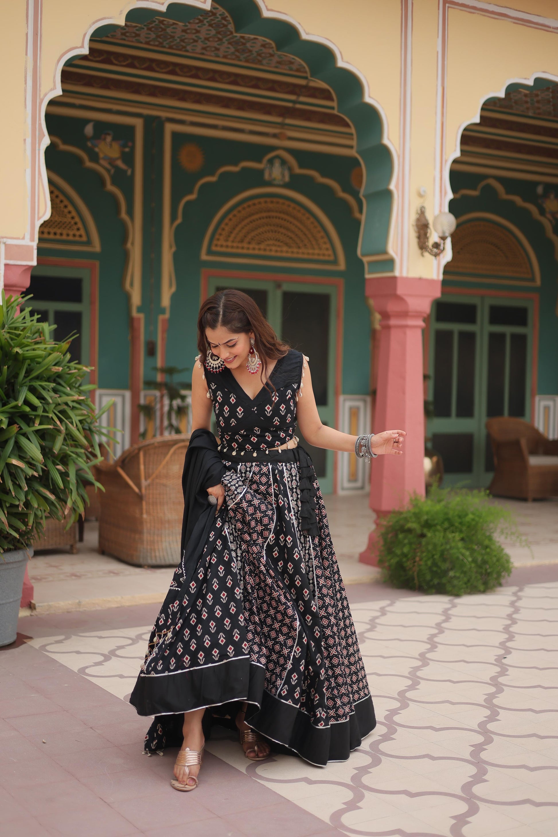 Lorenvalley Black Rayon Gota Patti Lace Printed Kali Pattern Lehenga Choli with Dupatta | Swadesiicart