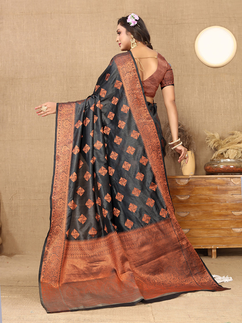 Lorenvalley Fashion Black Soft Katan Silk Woven Design Copper Zari Weaving Saree - Swadesiicart