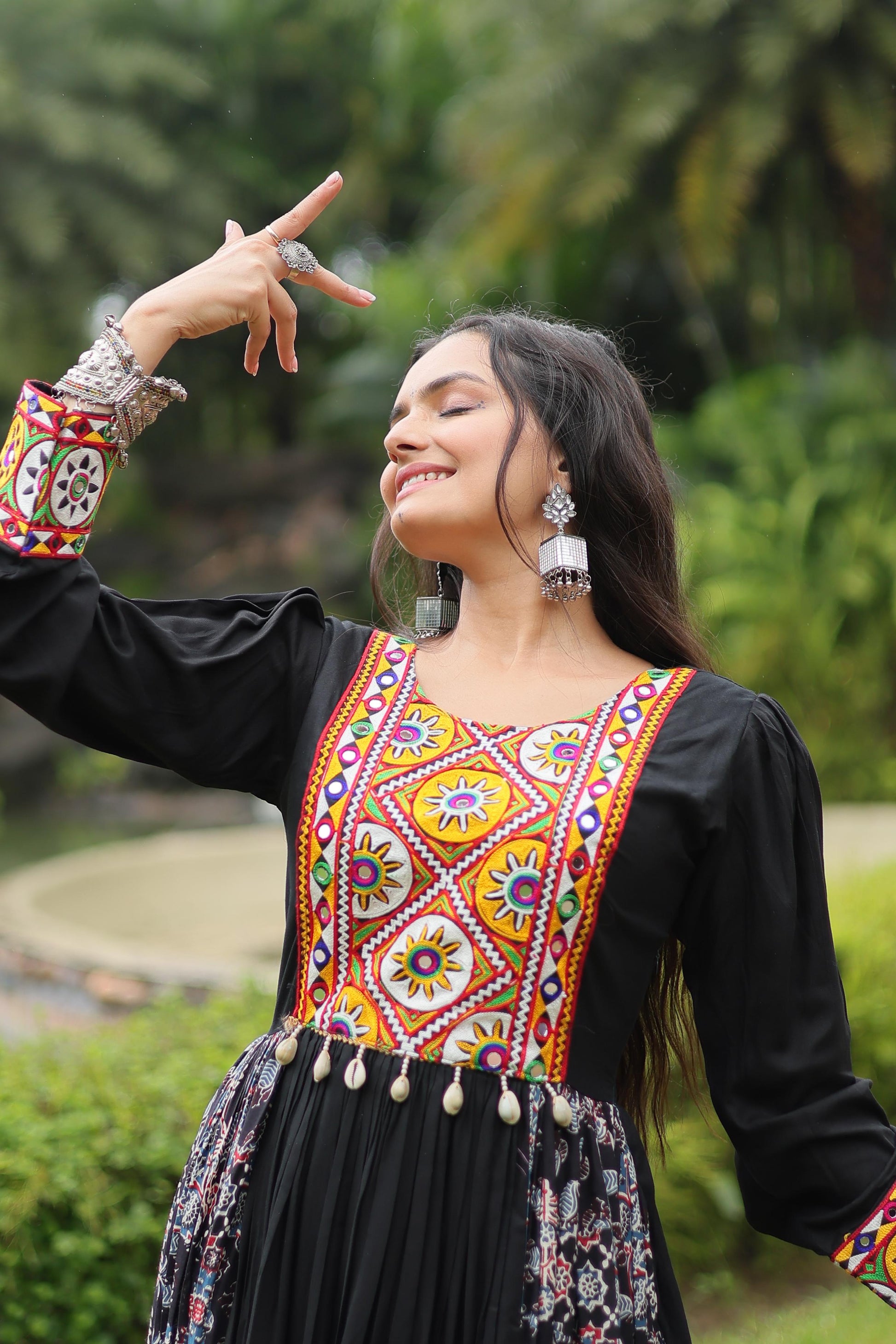 Lorenvalley Black Rayon Contrast of Printed with Kutchi Gamthi work Gown | Swadesiicart