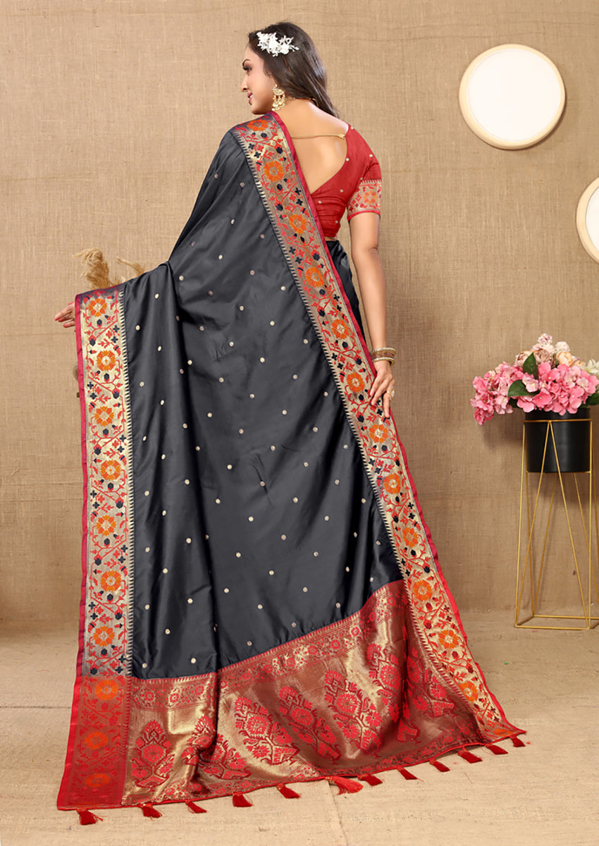Lorenvalley Fashion Black Soft Paithani Silk Woven Design Rich Meenakari Zari Weaving Pallu Saree - Swadesiicart