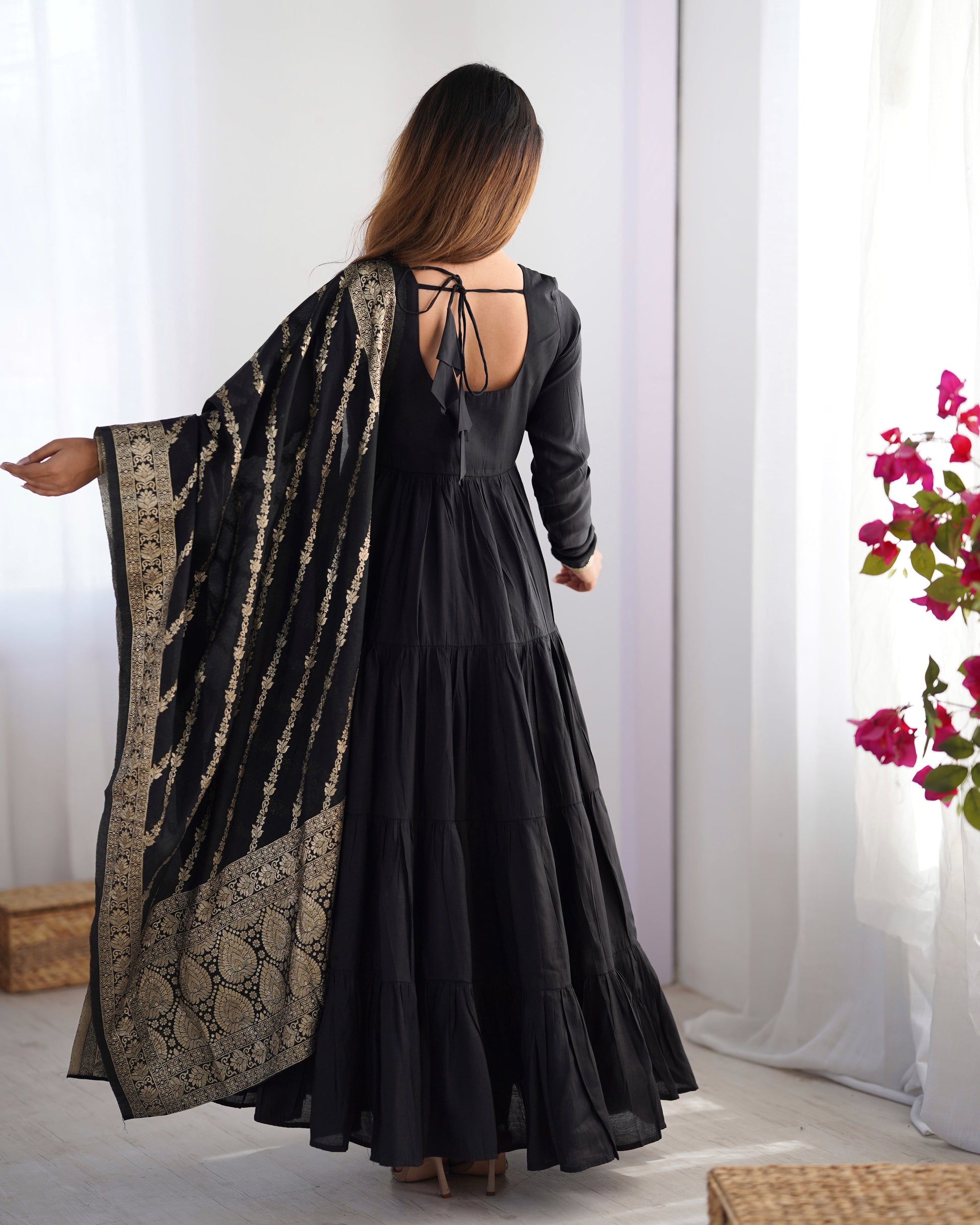 Lorenvalley Women Pure Roman silk Chanderi Fabric Layer Gathering Anarkali Kurta Pant With Dupatta Set | Swadesiicart
