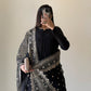 Lorenvalley Black Faux Georgette Yoke and Sleeve Potli Button Work Kurta Palazzo With Dupatta Set | Swadesiicart