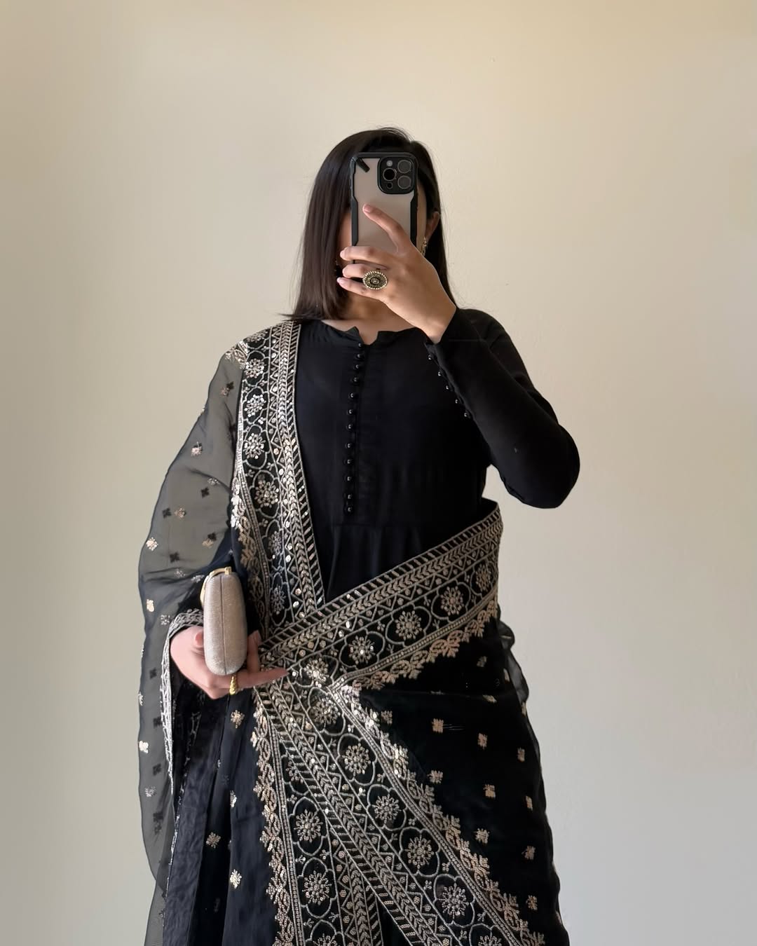 Lorenvalley Black Faux Georgette Yoke and Sleeve Potli Button Work Kurta Palazzo With Dupatta Set | Swadesiicart