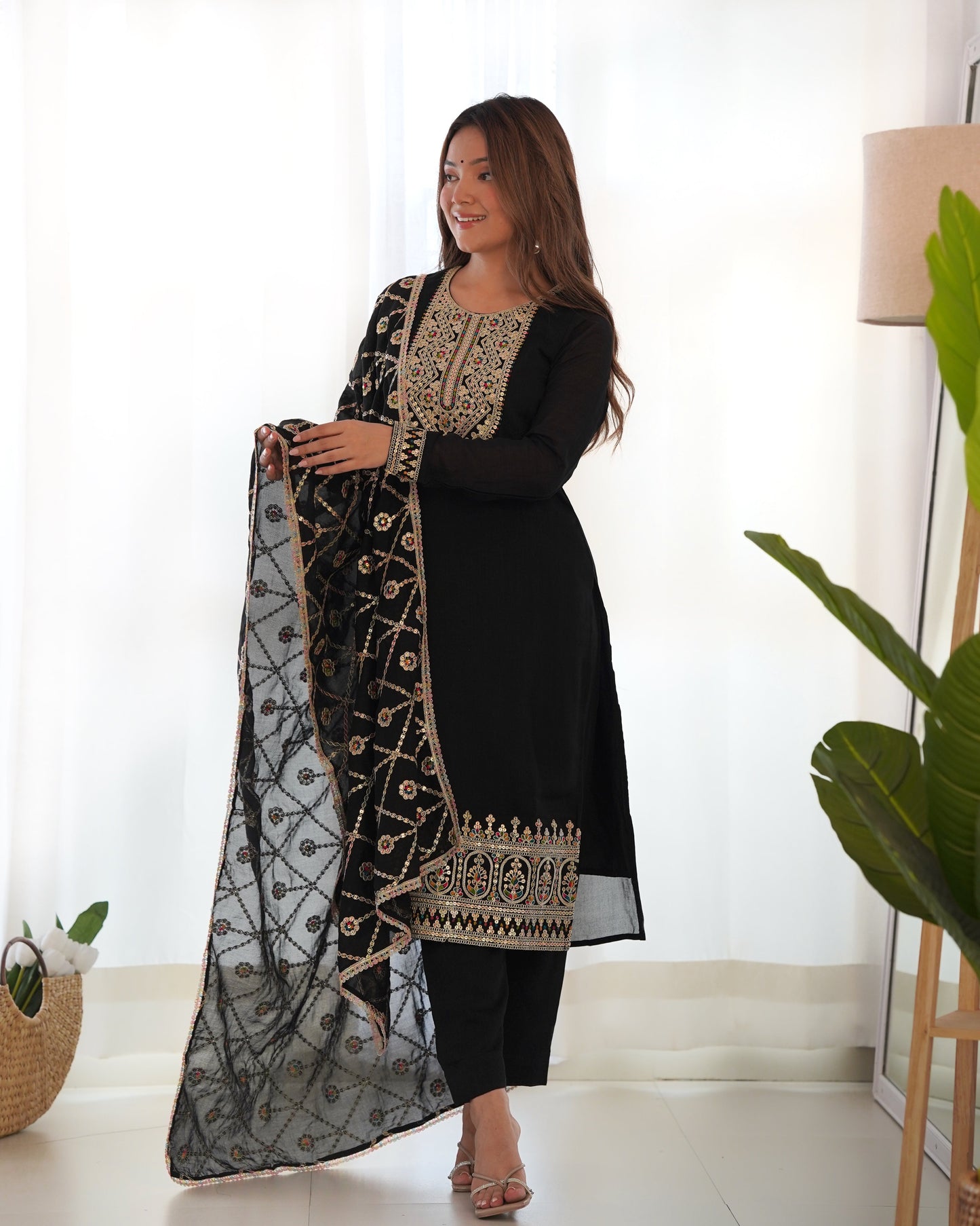 Lorenvalley Black Vichitra Silk Embroidery Sequence and Dori Thread Work Kurta Trousers with Dupatta Set | Swadesiicart
