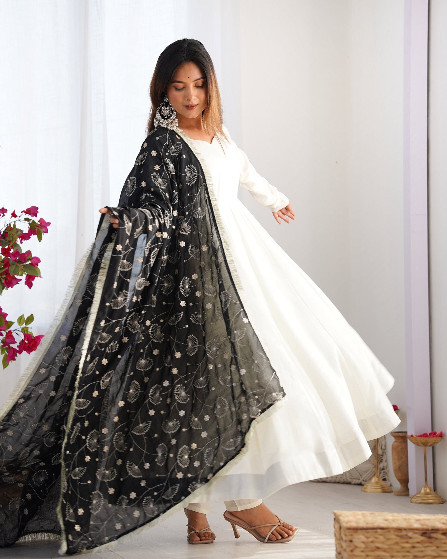 Lorenvalley Fashion White Vichitra Silk Fabric Fully Flared Anarkali Pant With Dupatta Set - Swadesiicart