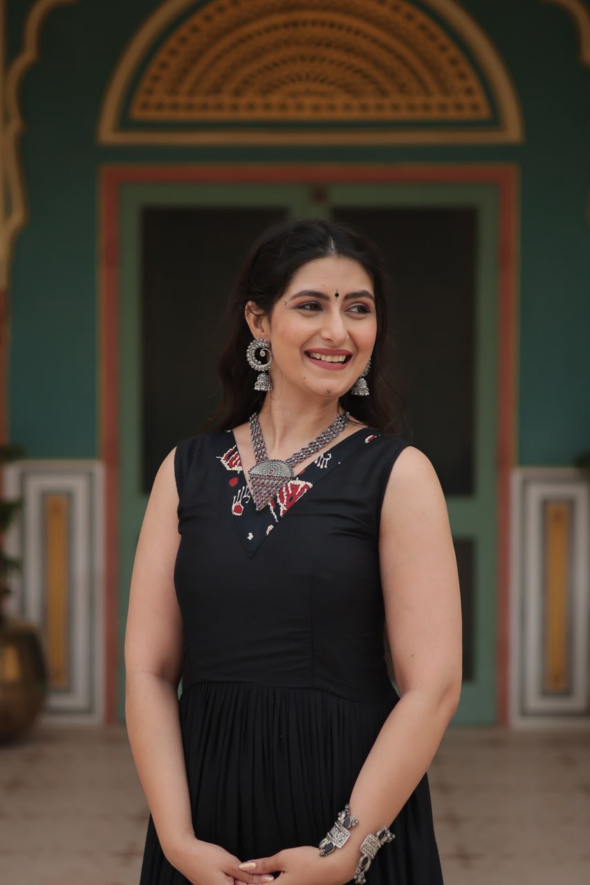 Lorenvalley Black Rayon Fabric with Printed Attached In Frill And Neck Gown | Swadesiicart