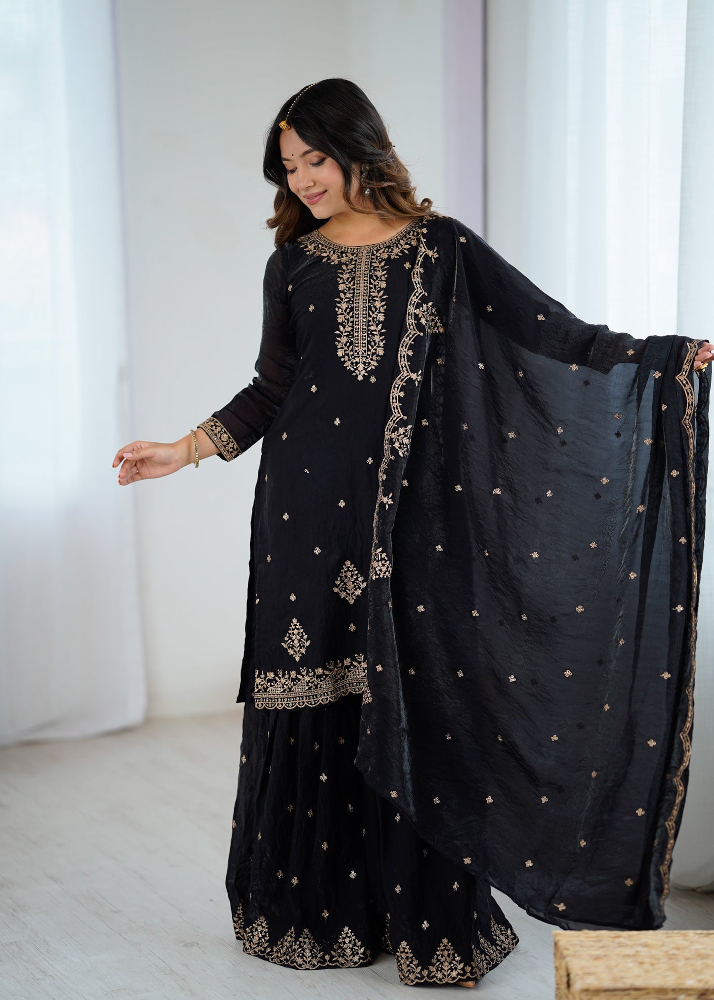Lorenvalley Black Soft Crunchy Silk with Embroidery Sequence and Jari Work Kurta Palazzo with Dupatta | Swadesiicart