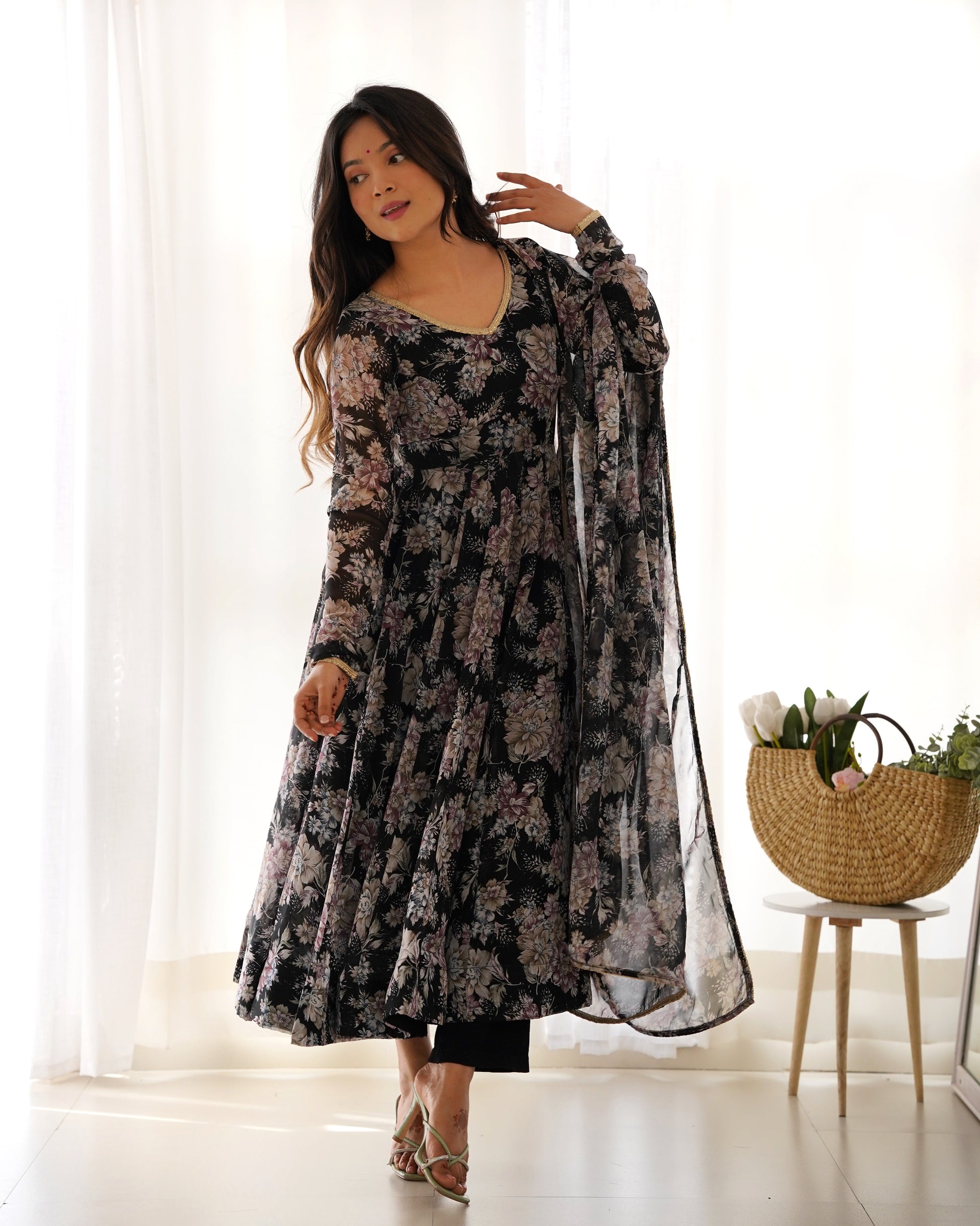 Lorenvalley Pure Faux Georgette Multi Floral Print Fully Flared Anarkali Pant With Dupatta Set - Black | Swadesiicart