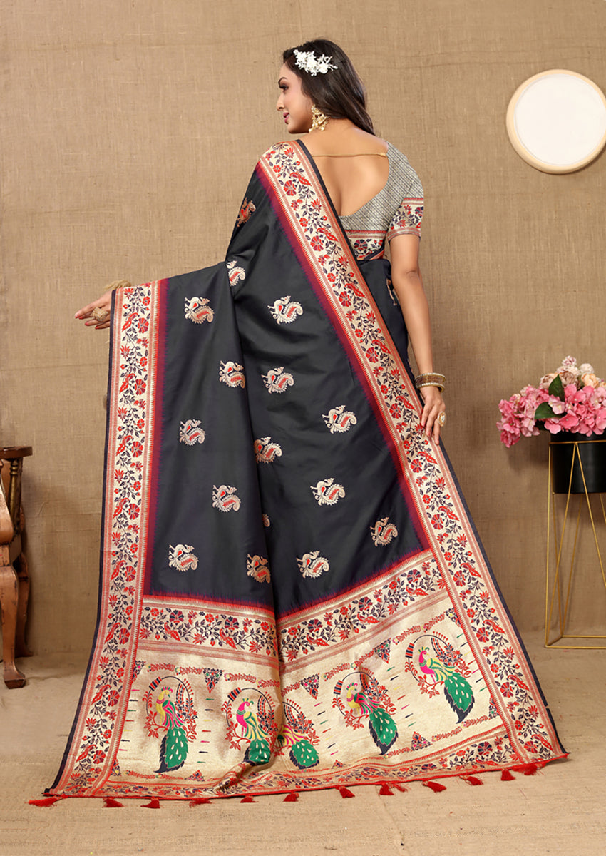 Lorenvalley Fashion Black Soft Paithani Silk Woven Design Rich Meenakari Zari Weaving Pallu Saree - Swadesiicart