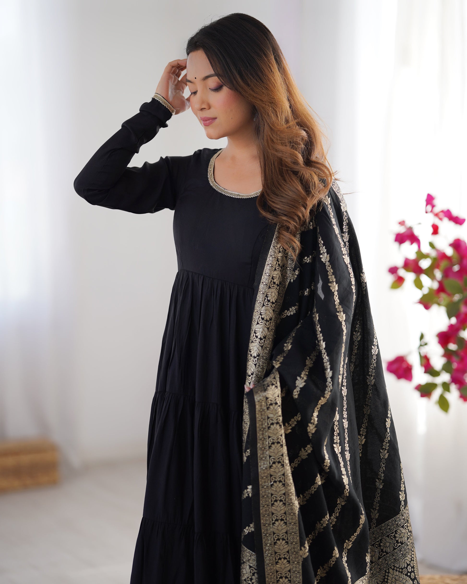 Lorenvalley Women Pure Roman silk Chanderi Fabric Layer Gathering Anarkali Kurta Pant With Dupatta Set | Swadesiicart