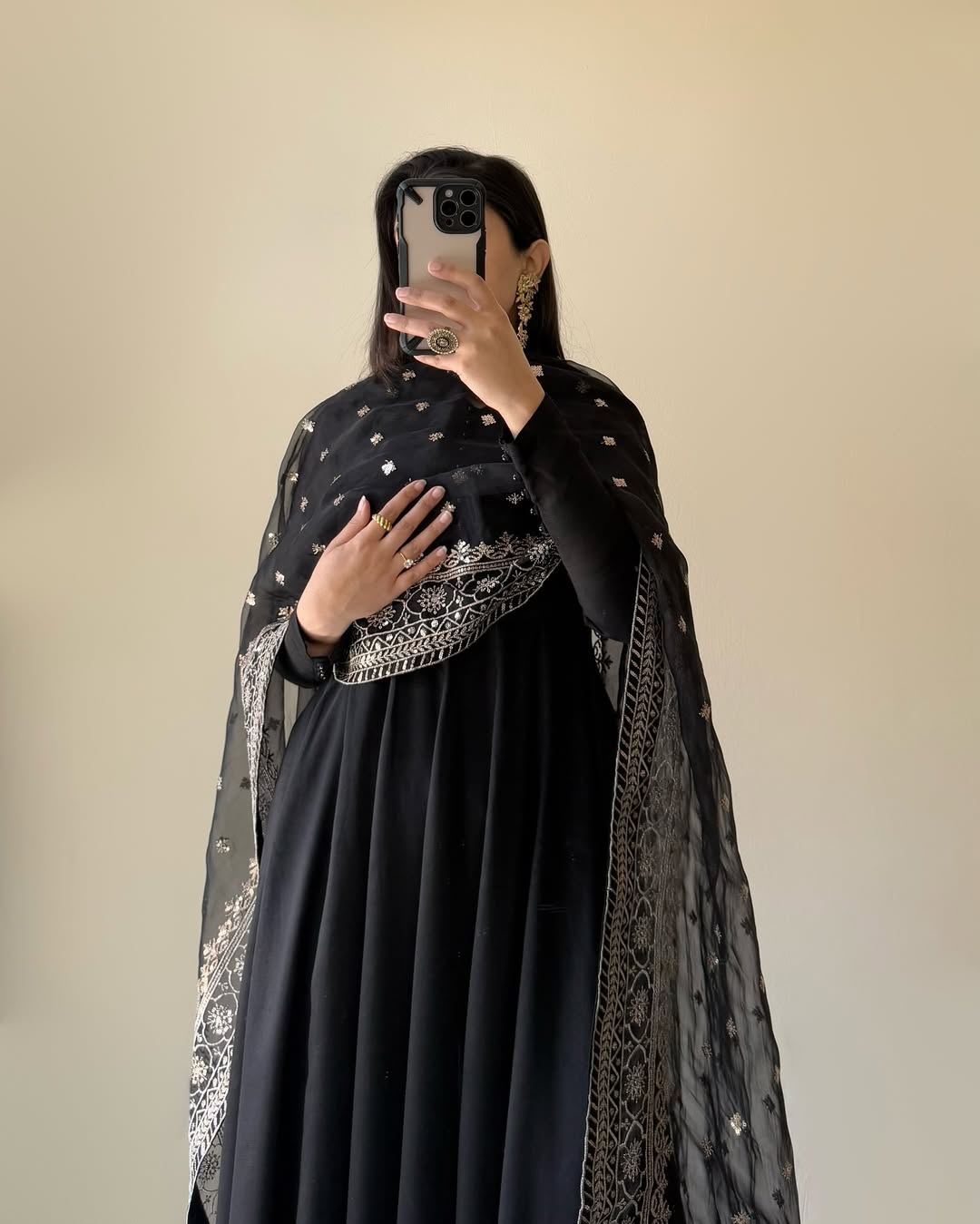 Lorenvalley Black Faux Georgette Yoke and Sleeve Potli Button Work Kurta Palazzo With Dupatta Set | Swadesiicart