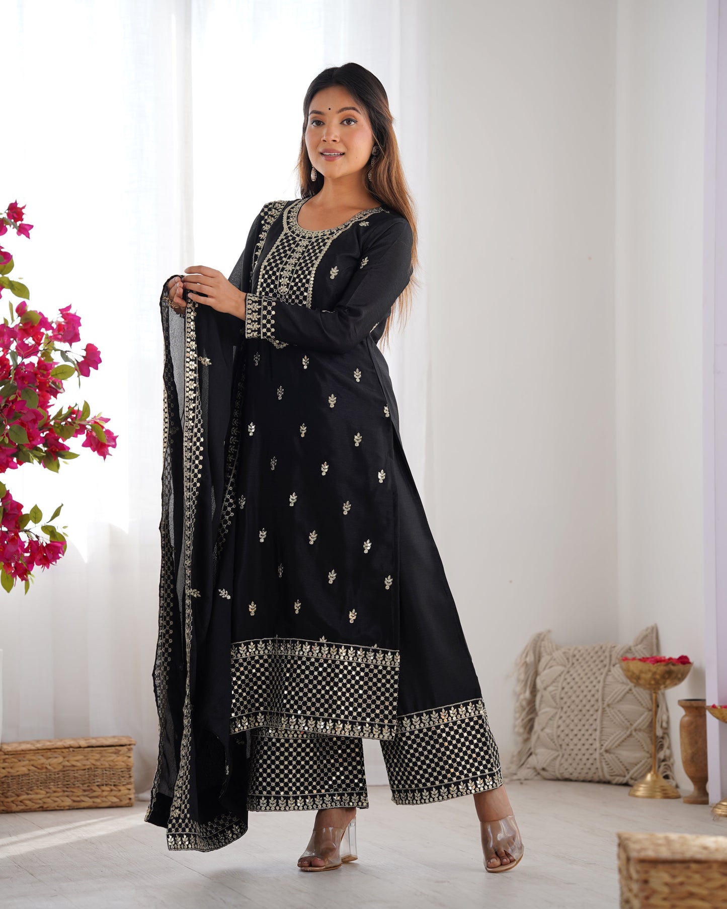Lorenvalley Black Chinon Silk Embroidery Sequence and Jari Work Kurta Trousers with Dupatta Set | Swadesiicart