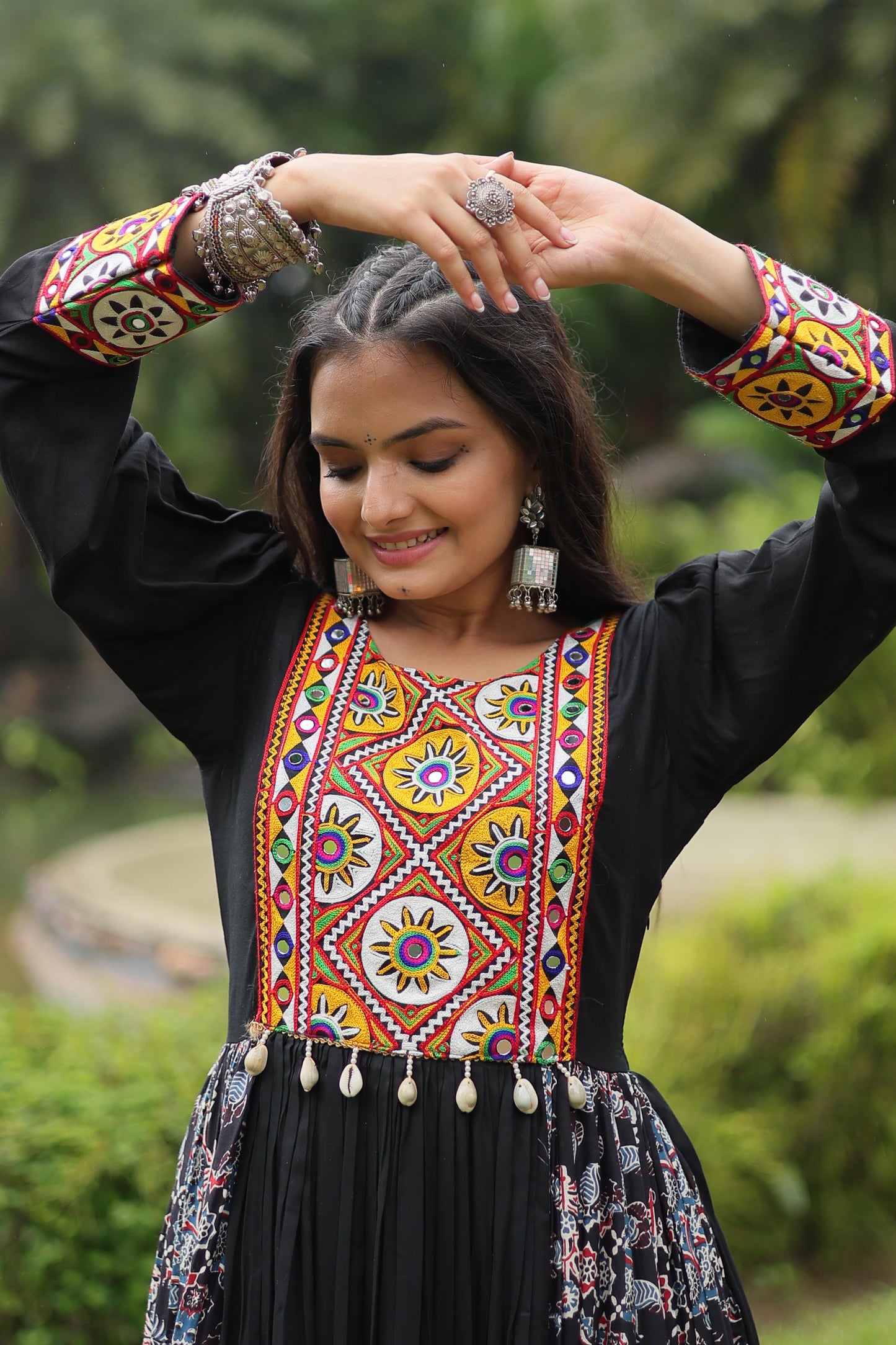 Lorenvalley Black Rayon Contrast of Printed with Kutchi Gamthi work Gown | Swadesiicart