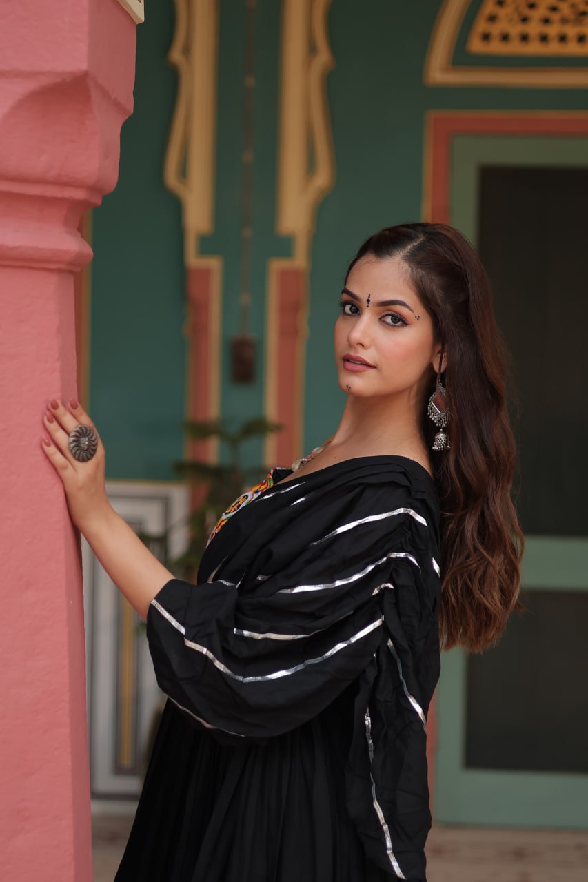 Lorenvalley Black Rayon Fabric with Designer Lace Gown | Swadesiicart