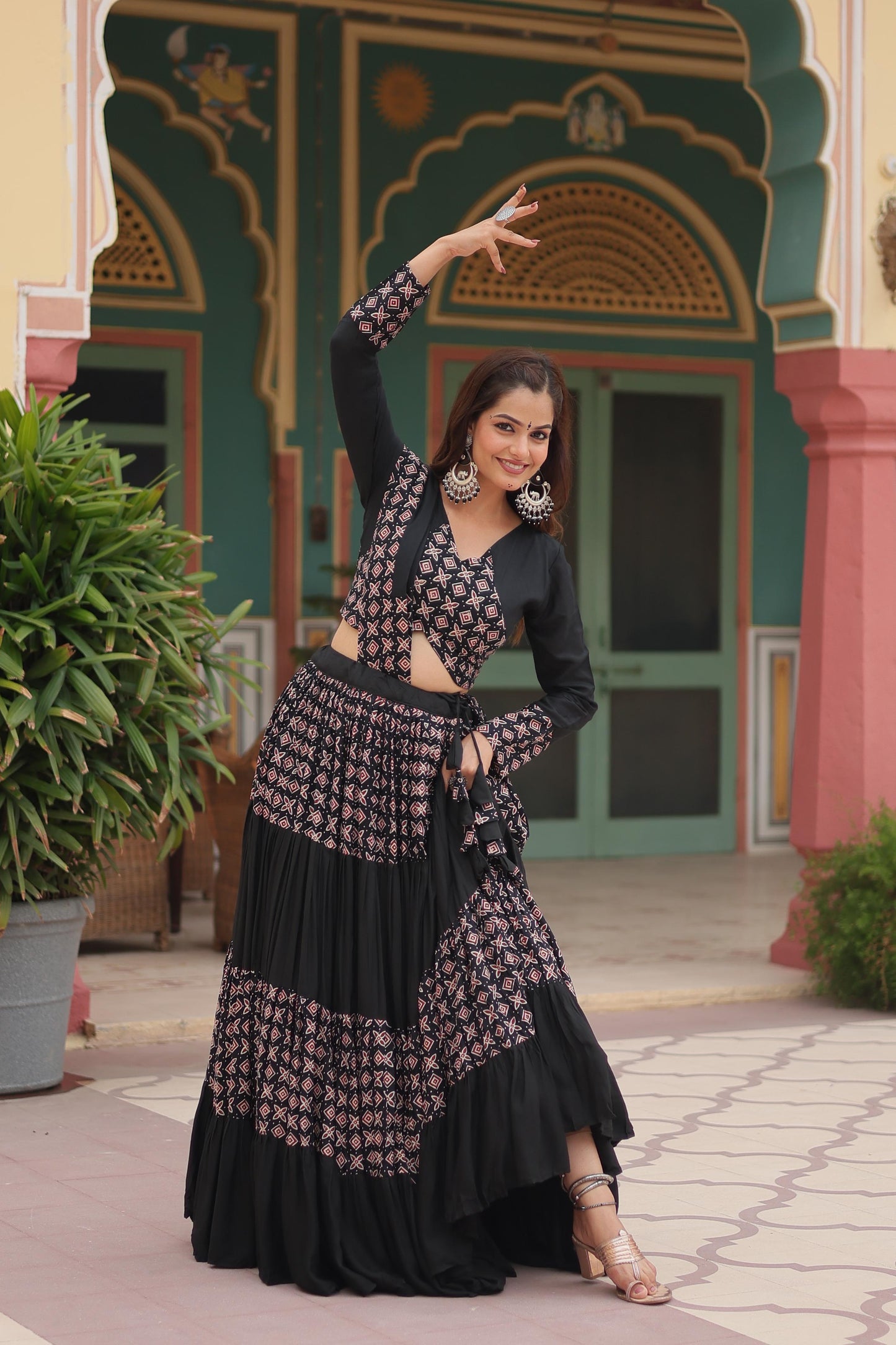 Lorenvalley Black Printed Rayon Navratri Collection Lehenga Choli with Dupatta | Swadesiicart
