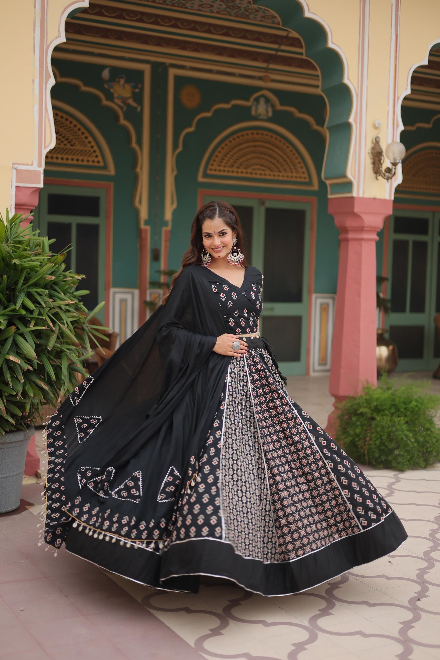 Lorenvalley Black Rayon Gota Patti Lace Printed Kali Pattern Lehenga Choli with Dupatta | Swadesiicart