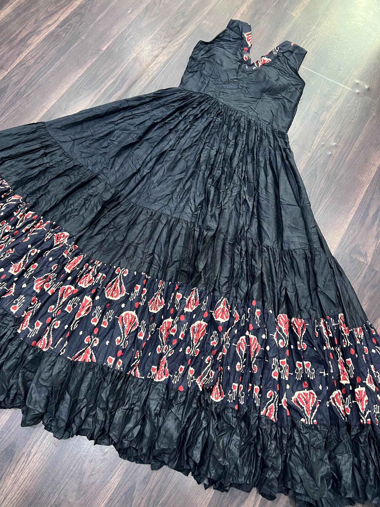 Lorenvalley Black Rayon Fabric with Printed Attached In Frill And Neck Gown | Swadesiicart