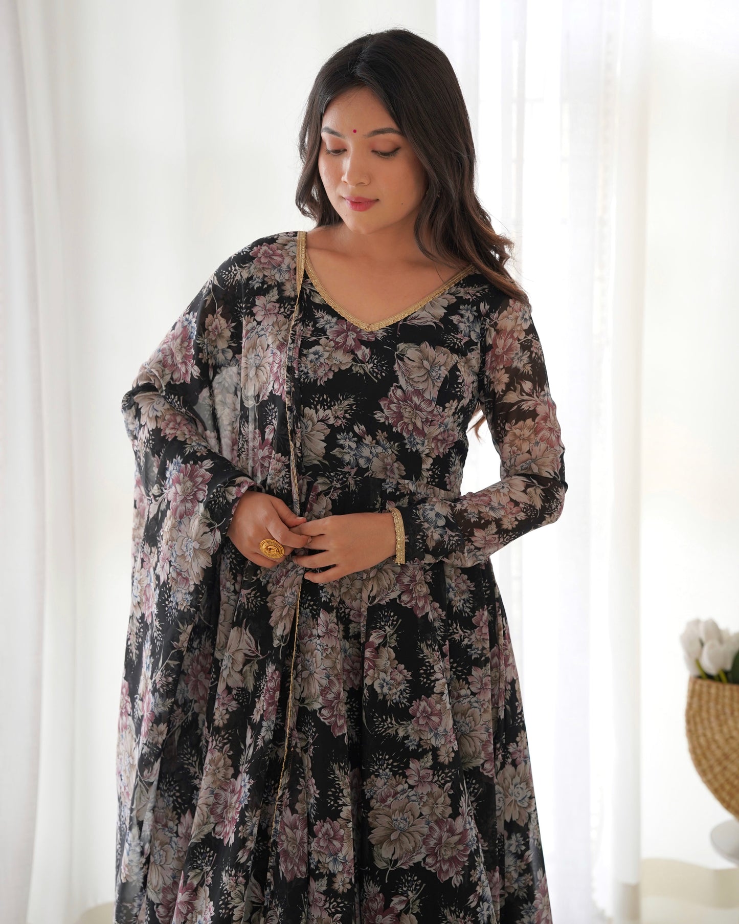 Lorenvalley Pure Faux Georgette Multi Floral Print Fully Flared Anarkali Pant With Dupatta Set - Black | Swadesiicart
