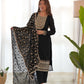 Lorenvalley Black Vichitra Silk Embroidery Sequence and Dori Thread Work Kurta Trousers with Dupatta Set | Swadesiicart