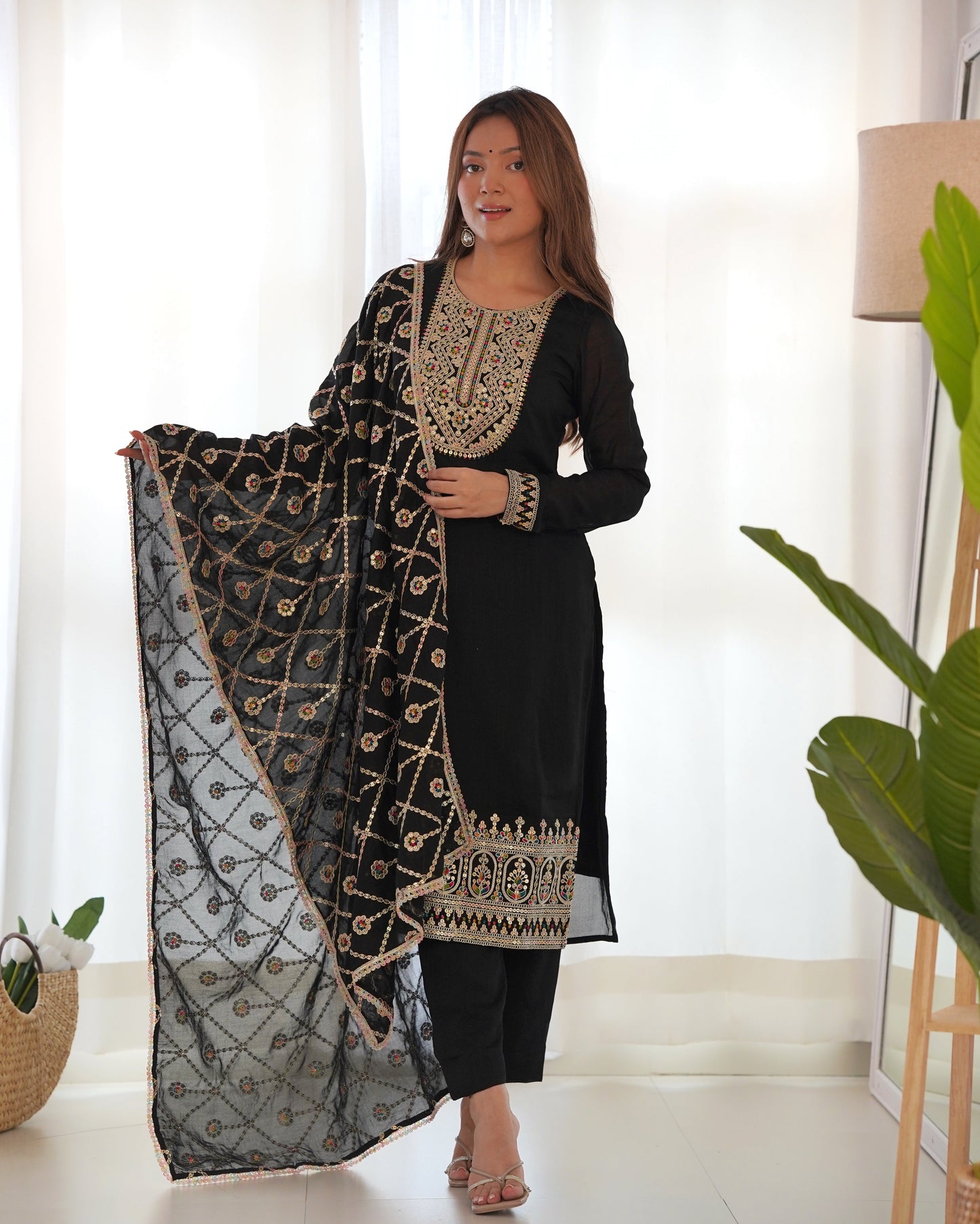 Lorenvalley Black Vichitra Silk Embroidery Sequence and Dori Thread Work Kurta Trousers with Dupatta Set | Swadesiicart